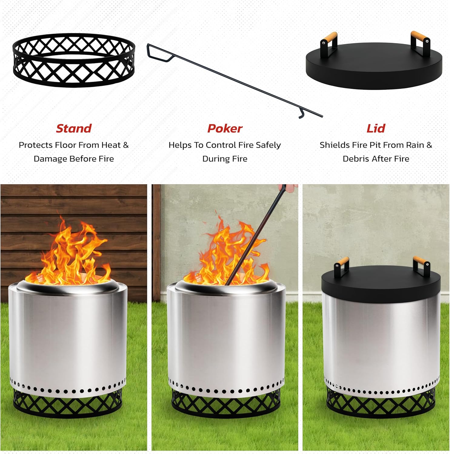 FEBTECH Smokeless Fire Pit Accessories Combo - Heavy Duty Carbon Steel 15