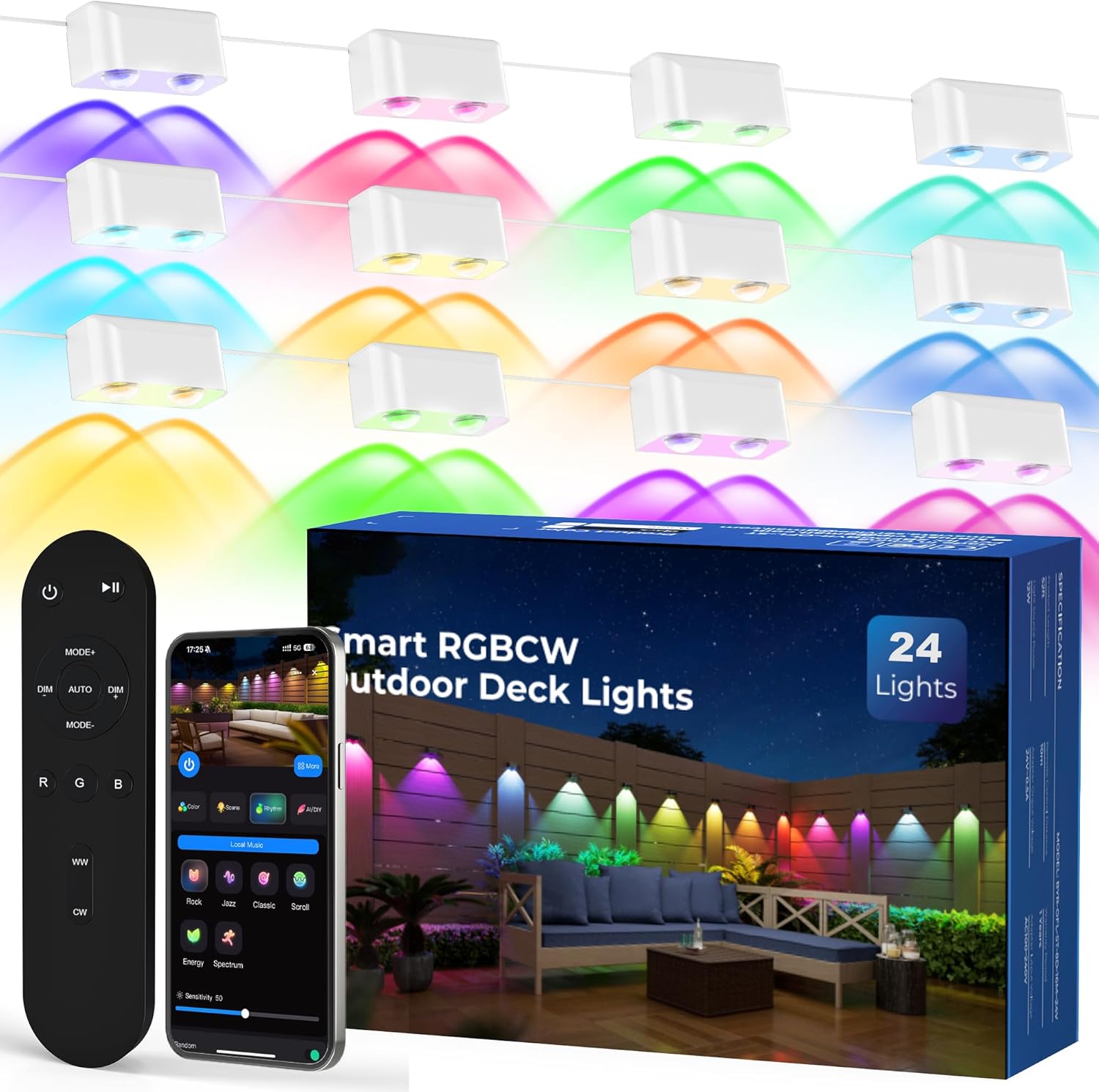 Outdoor Deck Lights, 24 Lights Smart Fence Lights Compatible with Alexa & Google Home, IP65 LED Patio Deck Lighting with Remote, Fence Lighting Music Sync for Patio Yard Garden(157.2ft)