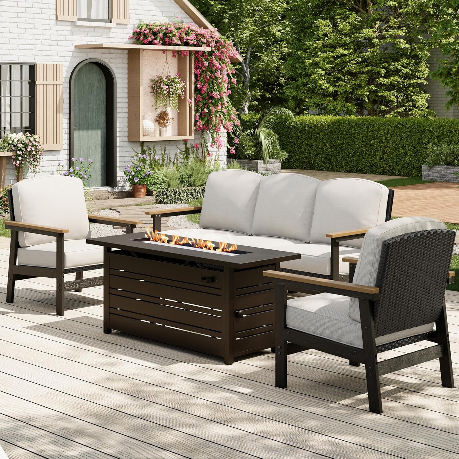 4-Piece HDPE Outdoor Patio Conversation Set, Wicker Patio Conversation Furniture Set with Fire Pit, Patio Sectional Furniture Sets with Thick Cushions for Backyard, Deck, Garden - Black