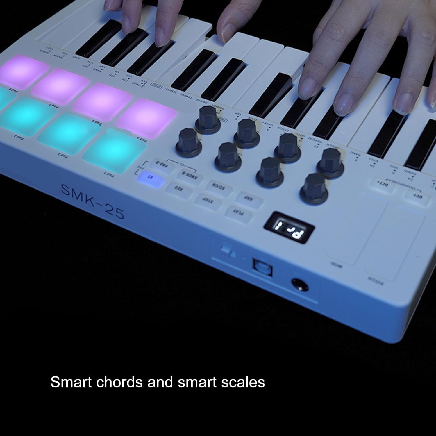 25 Key Force Sensitive MIDI Keyboard Controller, Portable and Wireles USB Keyboard with 8 Pads, 8 Knobs, for Studio Production, Compatible with Windows, OS X, iOS, Android