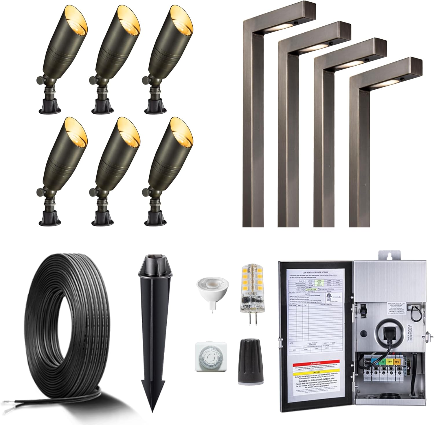 Gardenreet Brass Low Voltage Landscape Lighting Kit (6 Spotlights, 4 Path Lights) with 150W Transformer and 100 Feet Cable and 30 Pack Wire Connectors for Outdoor Yard Patio Walkway