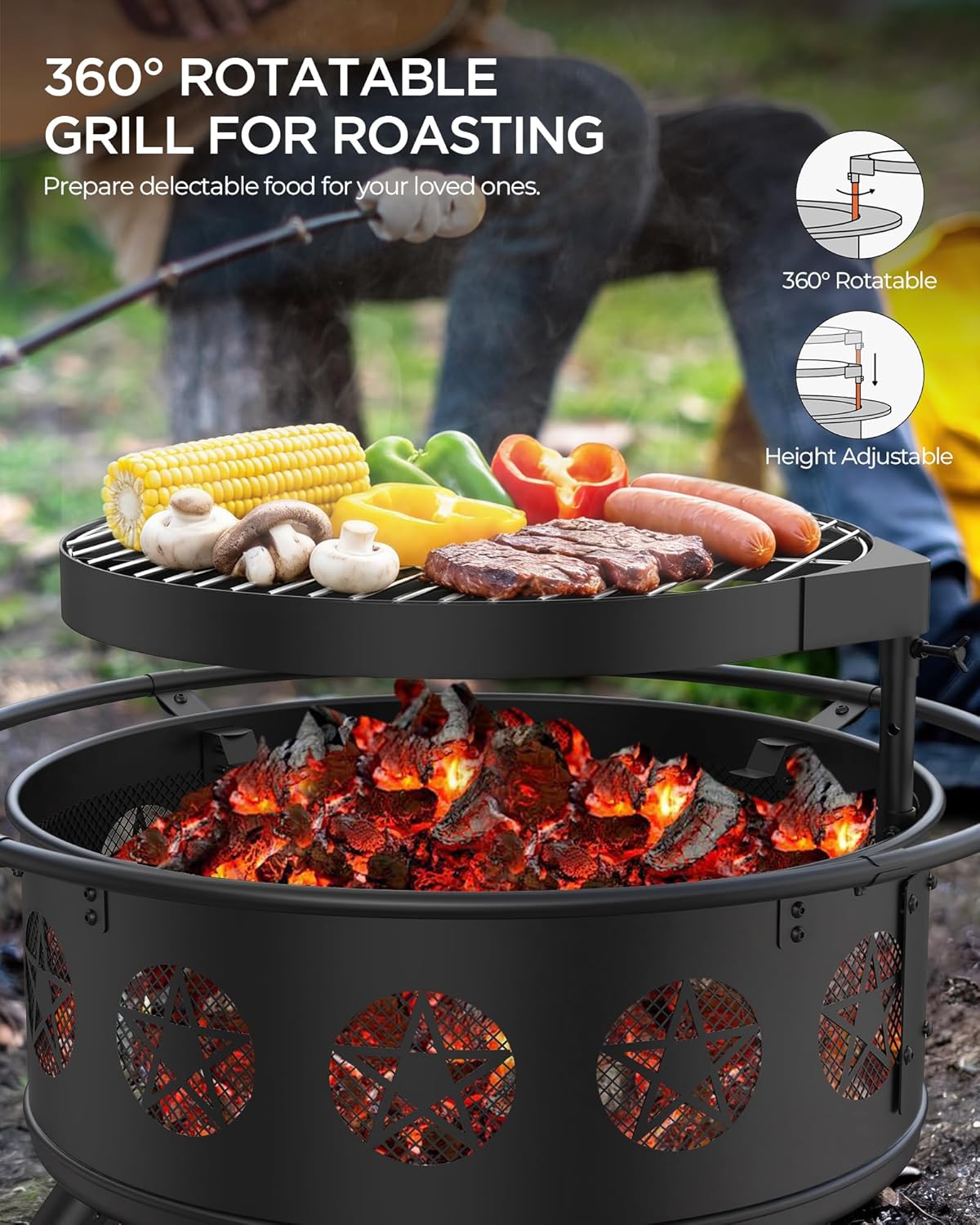 32 Inch Fire Pit with BBQ Grill & Mesh Cover, Wood Burning Fire Pits for Outside with Fire Poker, Pentagram Hollow Design, Round Metal Outdoor Firepit for Patio, Garden, Backyard, Bonfire Party