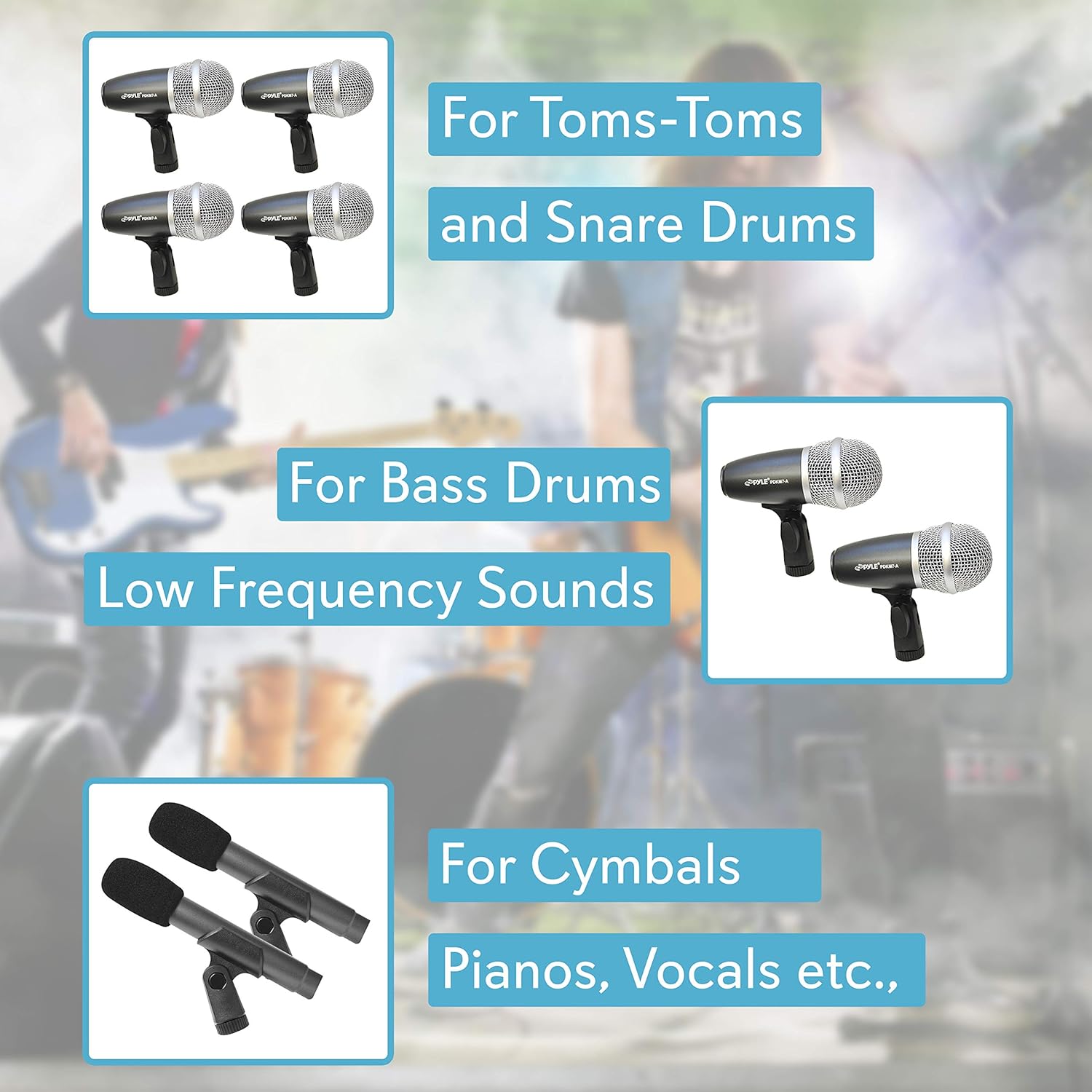 Pyle 7-Piece Wired Dynamic Kit-Kick Bass, Tom/Snare & Cymbals Microphone Set-for Drums, Vocal, & Other Instrument-Complete with Thread Clip, Inserts, Mics Holder & Case, Black