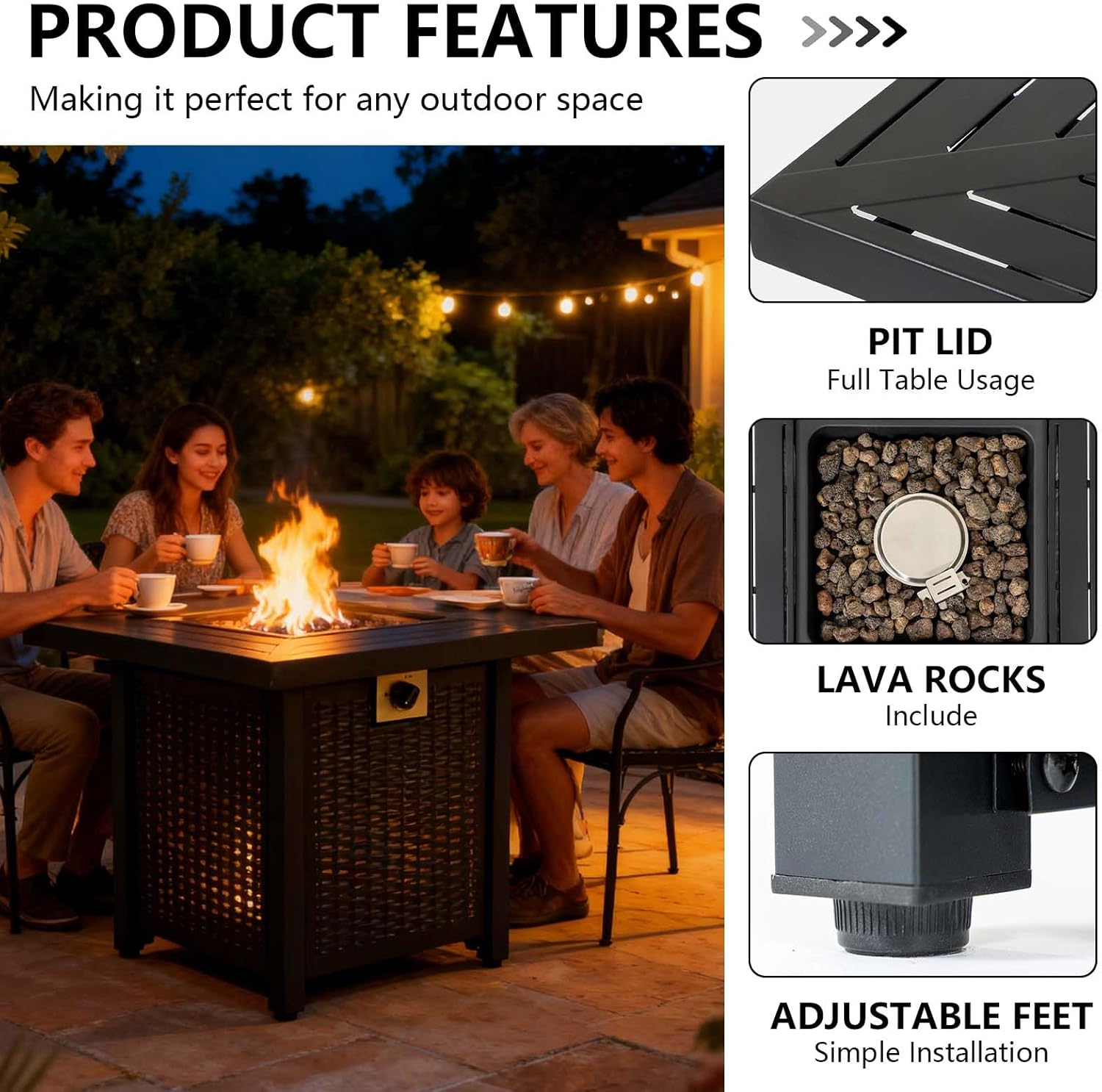 50000 BTU Propane Fire Pit Table Square,28 inch Fire Pit Propane for Outside Patio Black Gas Firepits,Iron (Black 1)