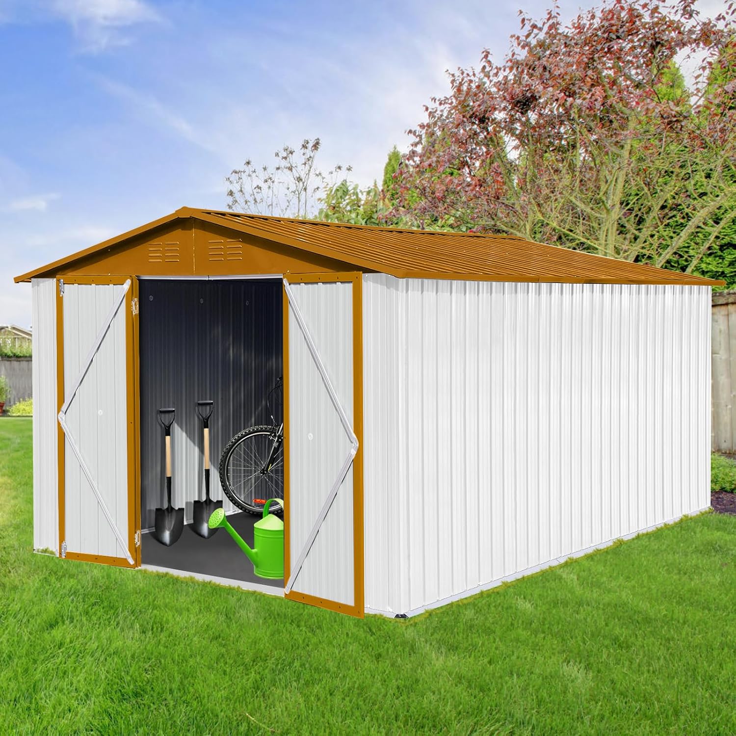 Sheds 12FT x 10FT Outdoor & Storage, Metal Utility Tool House with Lockable Door & Shutter Vents, Waterproof Storage Garden Shed for Backyard Lawn Patio