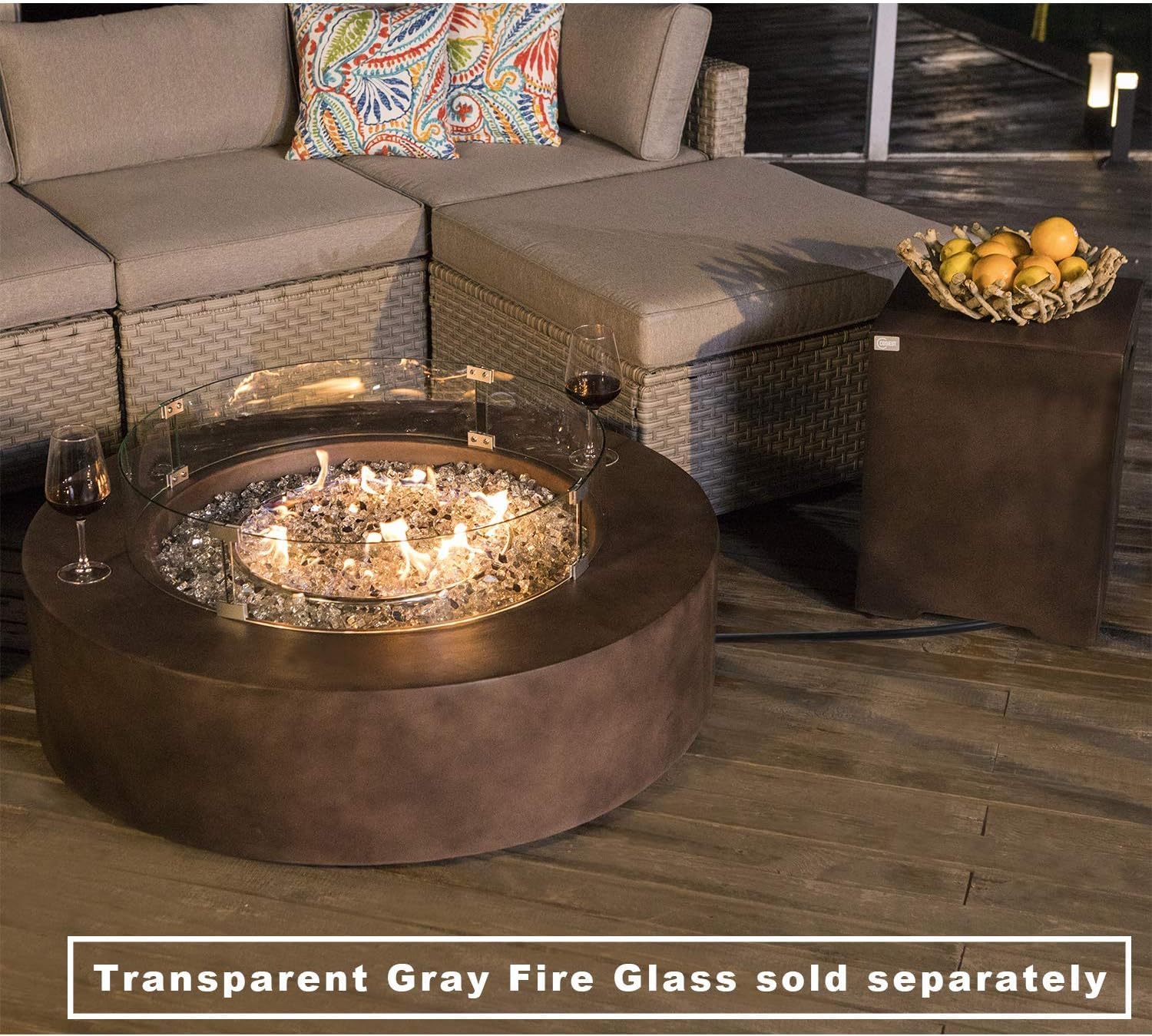 COSIEST 2-Piece Outdoor Propane Firepit Table Set w Tank Table, 42 inch Dark Fire Table Certified, 50,000 BTU w Bronze Round Base,Wind Guard and 16 inches Tank Side Table 20lb for Garden,Pool