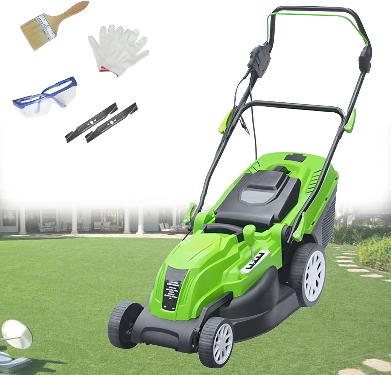 Electric Lawn Mower, Corded Lawnmower with Grass Collection Box, 3-Position Heights, Push Lawn Mower Electric De-Thatcher for Garden 2700W/42CM-Cord65M