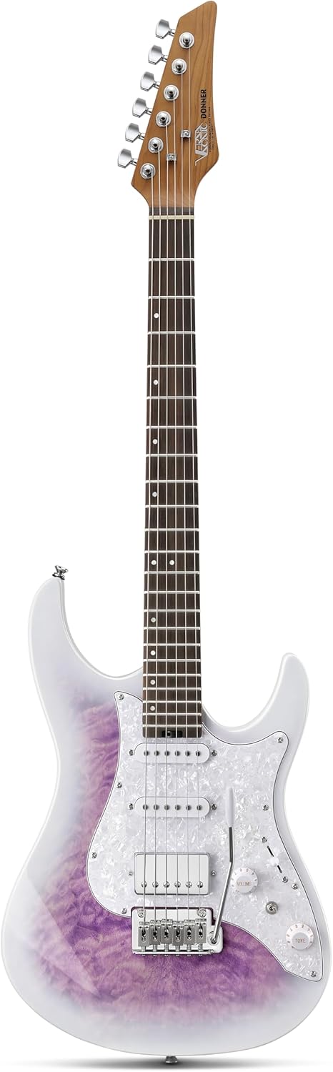 Donner 39 Inch Electric Guitar, DST-550 Color Gradient Poplar Body, Laurel Fretboard & Maple Veneer, 7 Tone Options, Tremolo Bridge, for Intermediate & Pro Players, Bonus Bag – Amethyst white burst