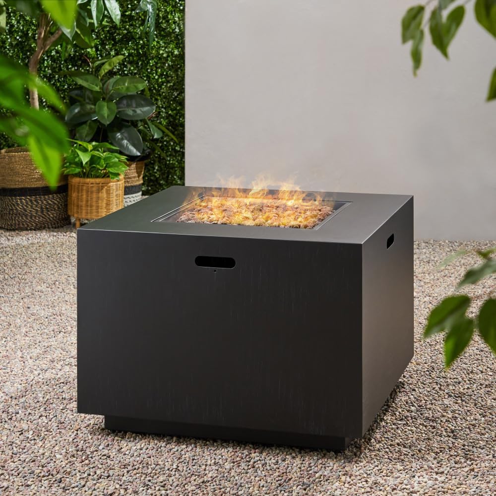 Outdoor Patio Propane Fire Pit 24'' H x 33'' W Square Iron Gas-Burning Fire Pit - 50,000 BTU, Tank in Side, Dark Grey