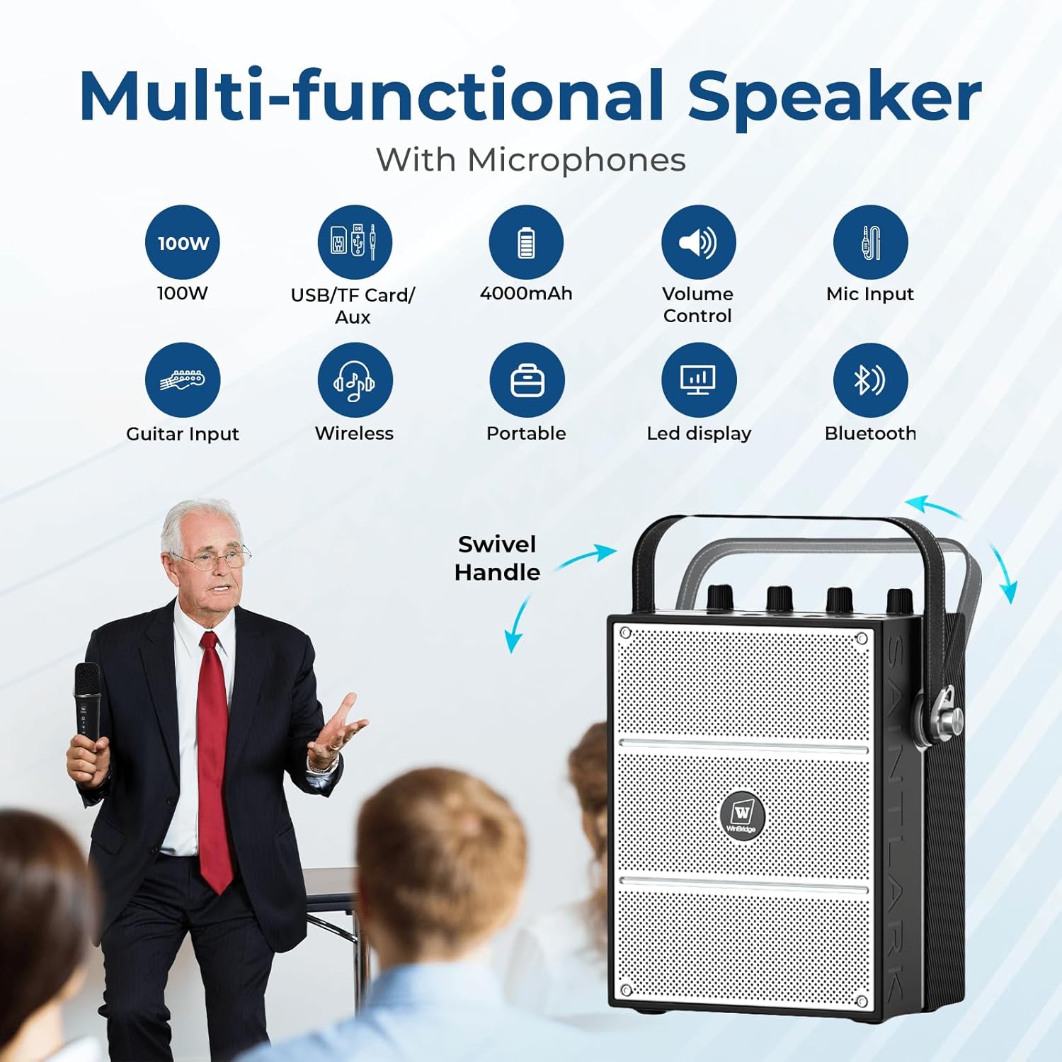 100W Powerful Voice Amplifier with 2 Wireless Microphones, Big Pro Sound Portable Speaker with Microphone, Bluetooth Speaker PA System Karaoke Machine Support BT/USB/TF Card/Aux/Guitar S99