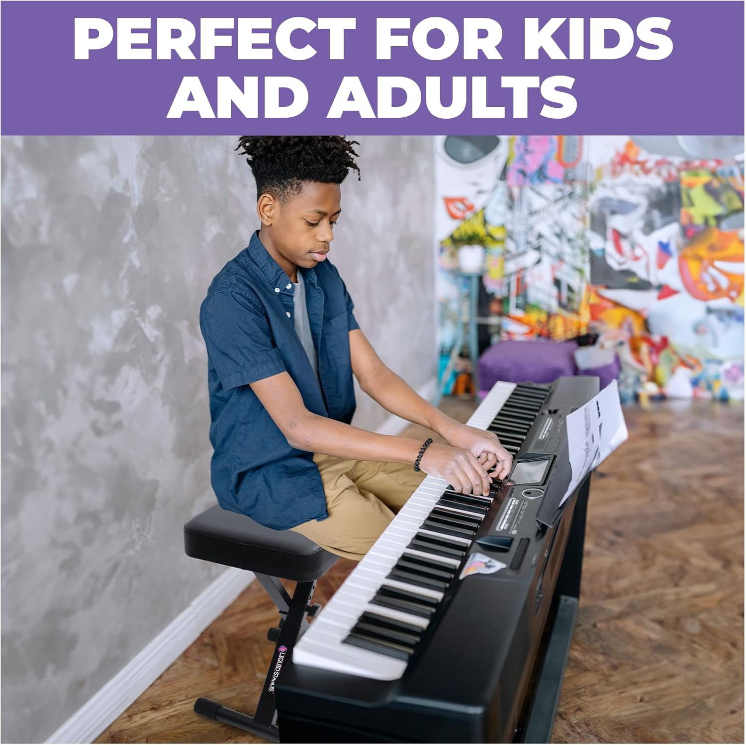 Liquid Stands Foldable Adjustable Piano Bench X-Style – Piano Seat for Musicians, Kids & Professionals – Black Cushion Padded Bench for Digital Pianos, Keyboards & Music Desks Keyboard Stool 16 x 20