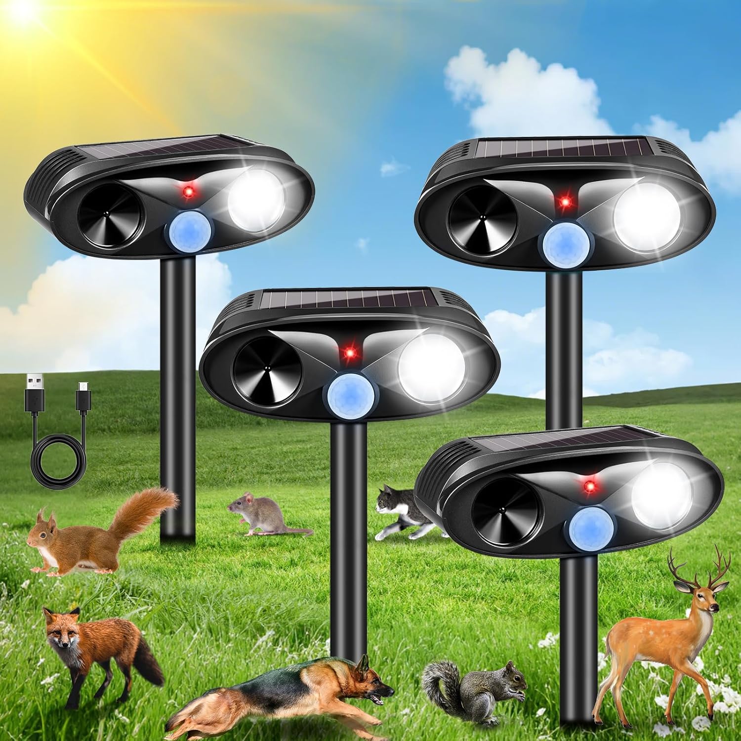 Upgraded Solar Animal Repellent Outdoor Deer Repellent Devices with Motion Sensor & Flashing Light,Ultrasonic Deterrent Control for Cat Squirrel Raccoon Dog Rabbit Skunk for Yard Garden,4 Pack Black