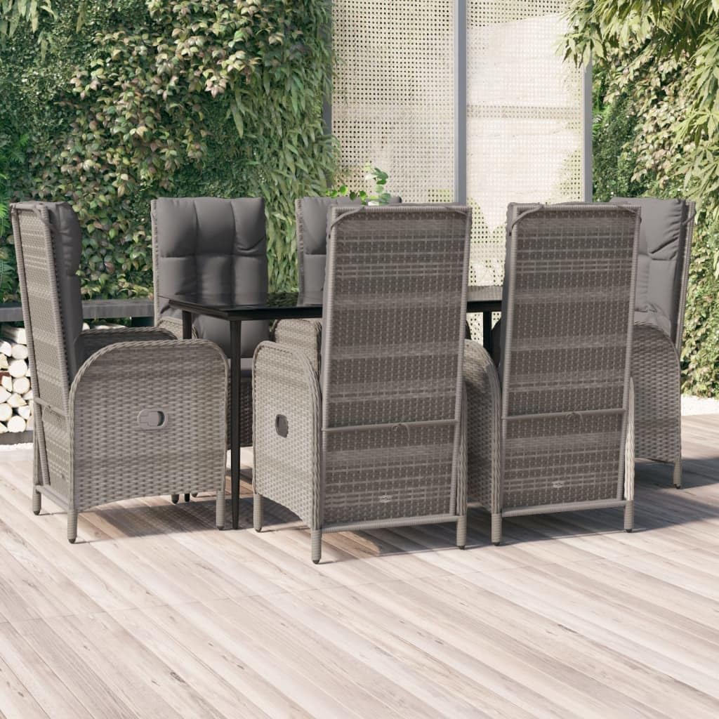 7 Piece Patio Dining Set with Cushions Black and Gray Poly Rattan,Outdoor Patio Dining Set with Reclining Chairs and Tempered Glass Table Black and Gray Furniture Sets for Patio, Lawn & Garden