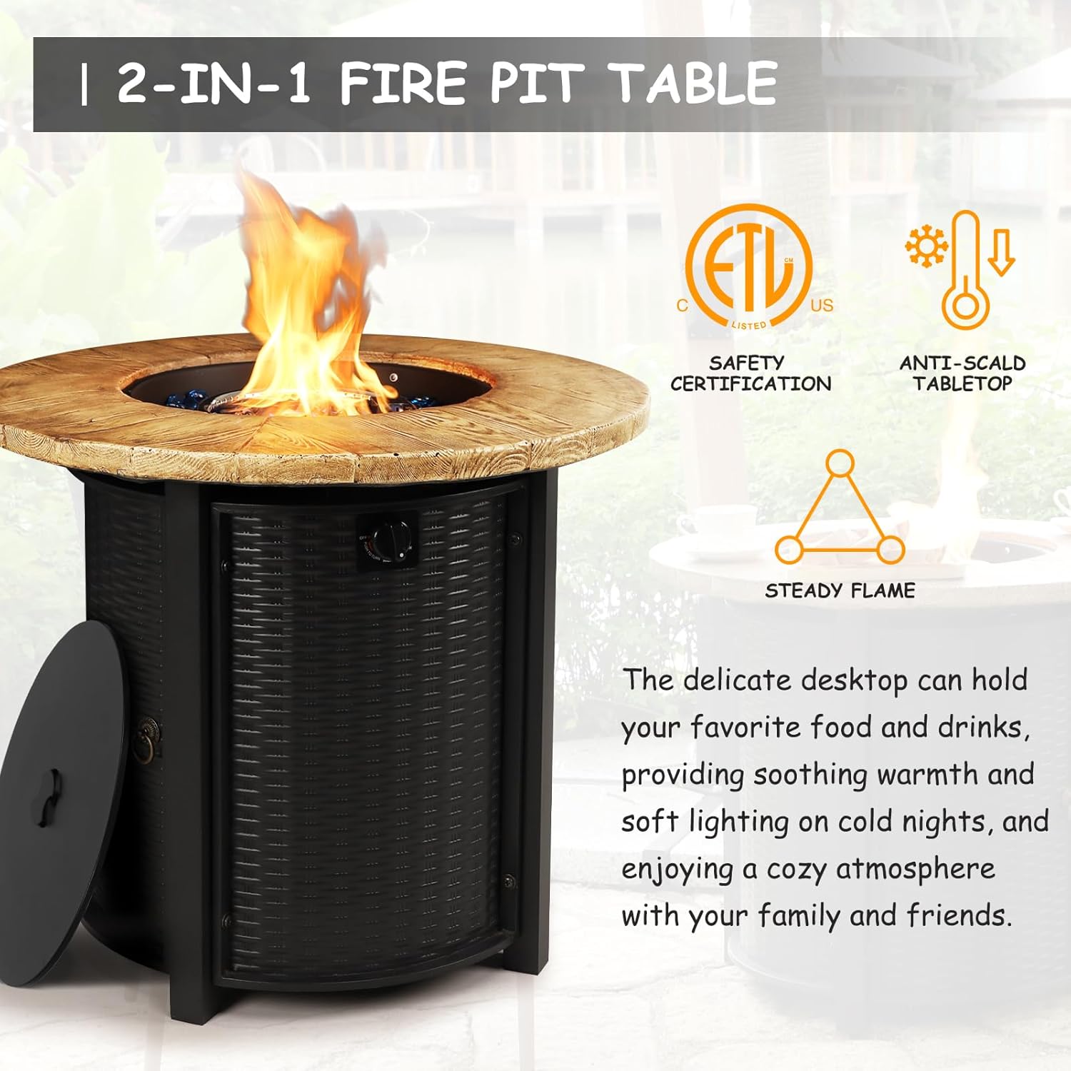 30 Inch Round Propane Fire Pit Table,50,000 BTU Iron Gas Fire Pit with Lid,Ignition Systems,w/Glass Stones and Rain Cover,Outdoor Firepit Table for Patio & Deck