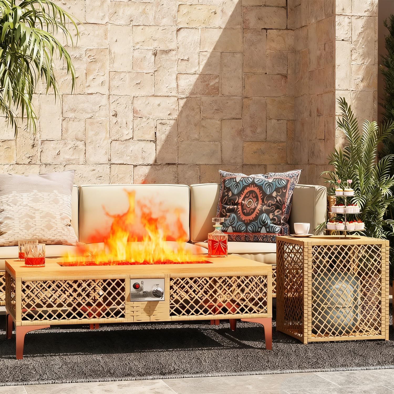 LYNSLIM Outdoor Fire Pit Table with Tank Table, CSA Certifed 60,000 BTU Stainless Steel Burner, Rattan Rectangular Propane Patio Firepit Table for Outside with Exterior, Porch, Backyard or Garden