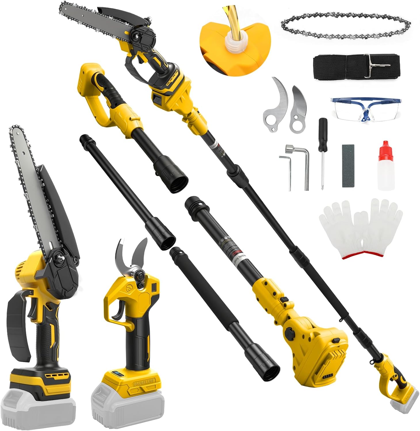 8 Inch Mini Chainsaw with Extension Pole and 30 mm Electric Secateurs Compatible with Dewalt 20V Battery, 4-in-1 Garden Tool Set Maximum Range up to 4.57 m for Tree Trimming Pruning (No Battery)