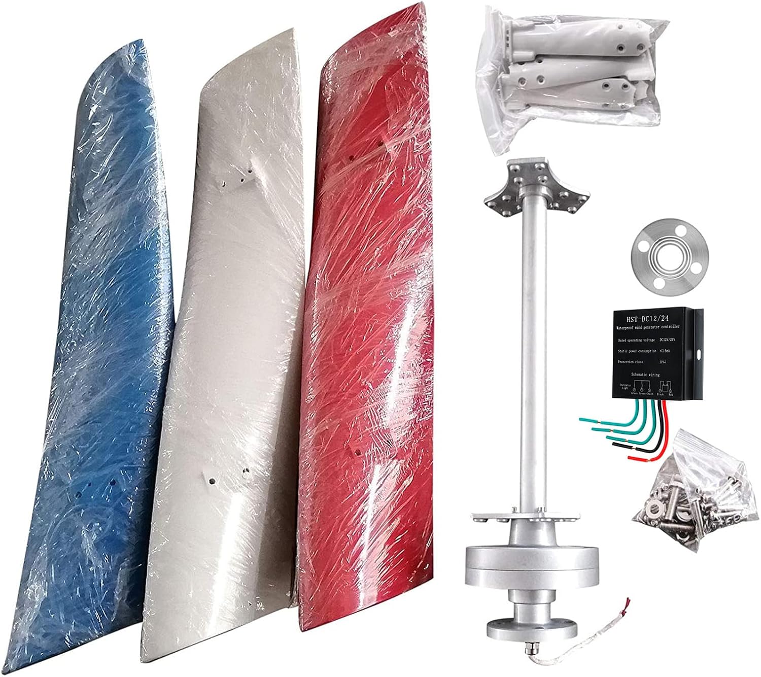 300W 12V 24V Helix Vertical Wind Turbine Wind Generator Windmill+Controller, Vertical Axis Wind Turbine Generator with 3 Blades (White, Red, Blue),12v