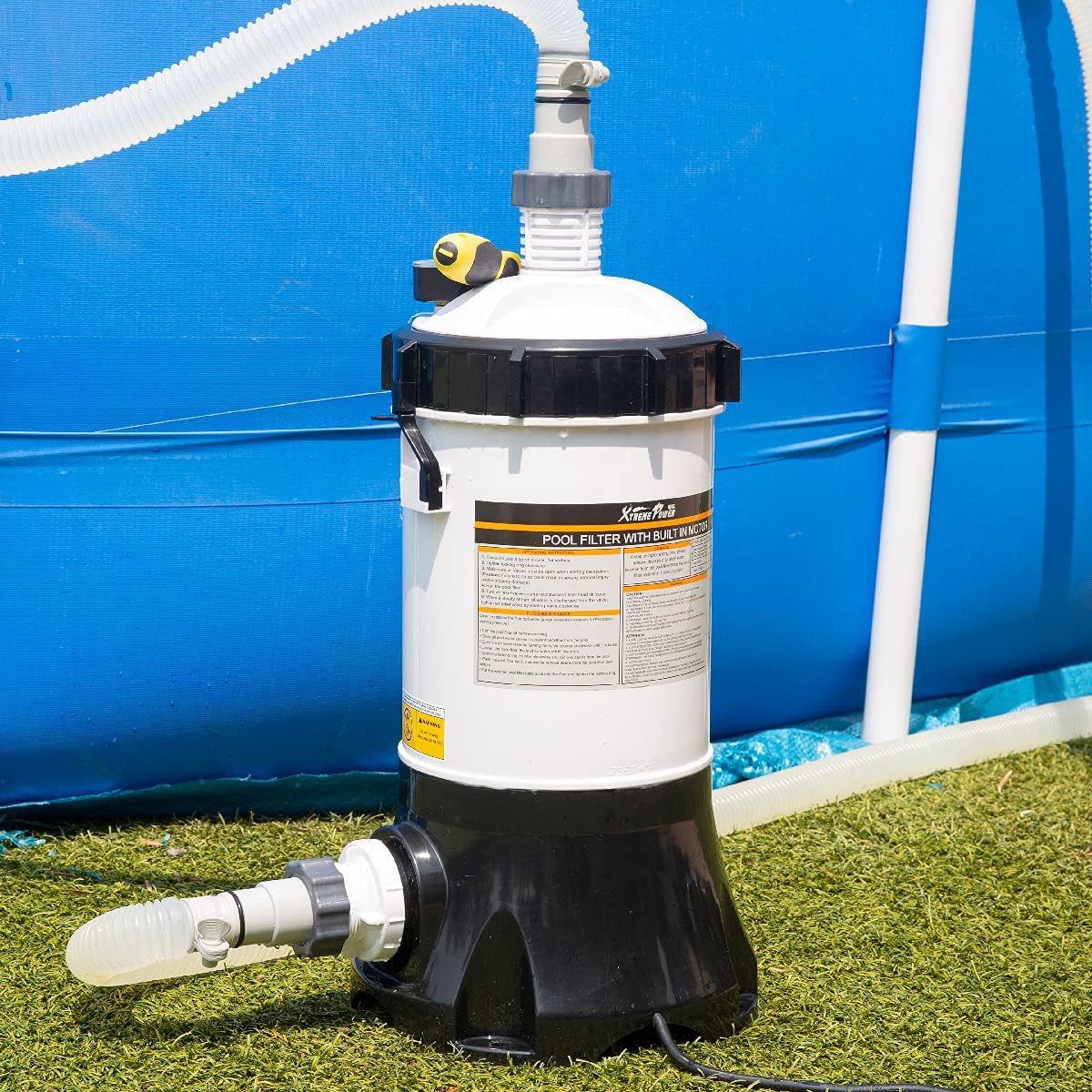 XtremepowerUS Pool Cartridge Filter System w/Built-in Pump for Above Ground Pools with Pressure Gauge, White/Black