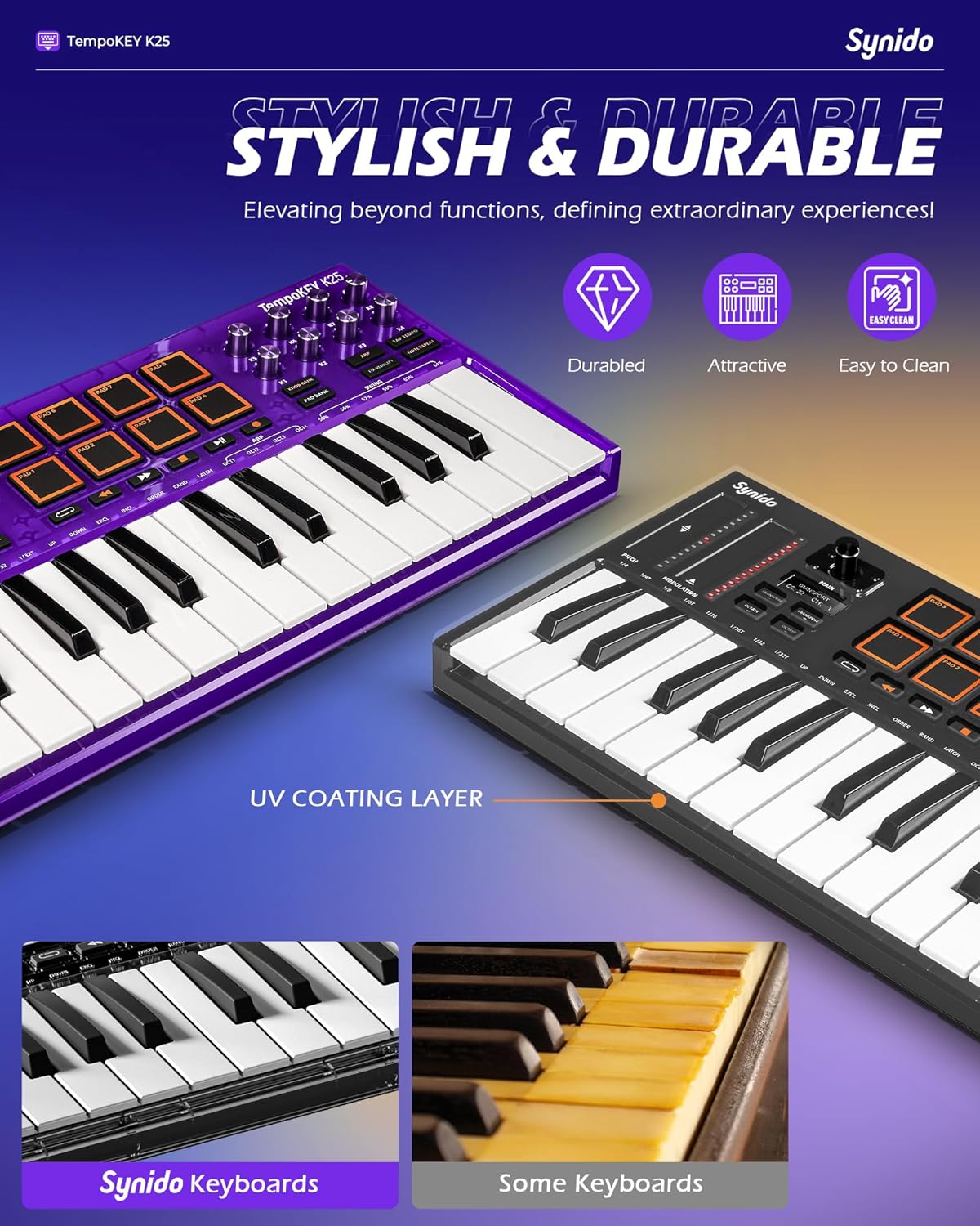 Synido 25 Key USB MIDI Keyboard Controller with Drum Pads and Live Solo USB C Audio Interface for Recording Music, Streaming, Podcasting