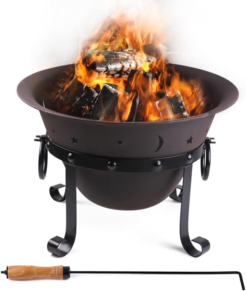 Cast Iron Fire Pits, Outdoor Round Wood Burning Fire Pit Bowl with Mesh Screen,Fireplace Poker,29 in Heavy Duty