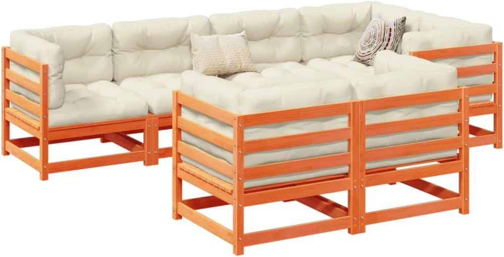 7 Piece Patio Sofa Set with Cushions Wax Brown Solid Wood Pine, Patio Furniture Sets, Outdoor Furniture