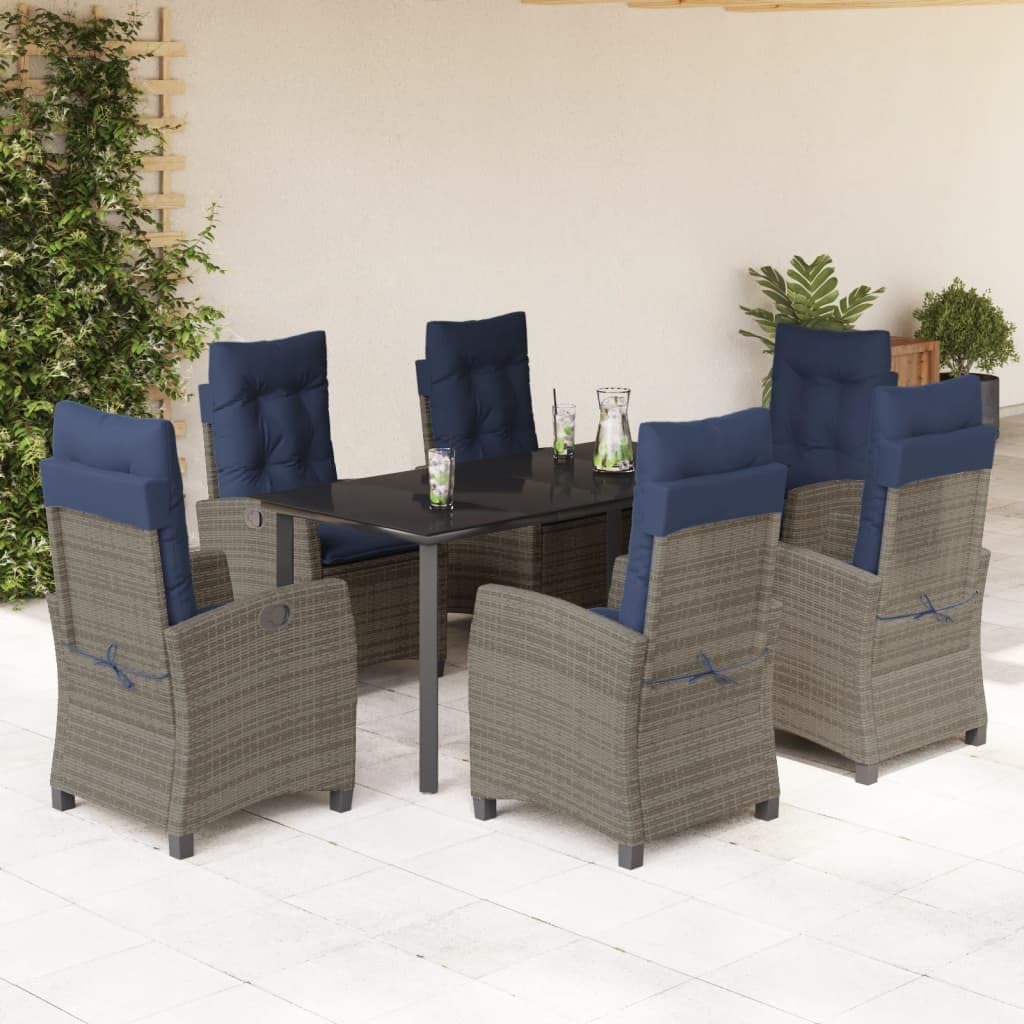 7 Piece Patio Dining Set with Cushions Gray Poly Rattan,Outdoor Garden Dining Set with Adjustable Reclining Chairs and Glass Table for Patio and Backyard Patio Furniture Sets, Outdoor Furniture Sets