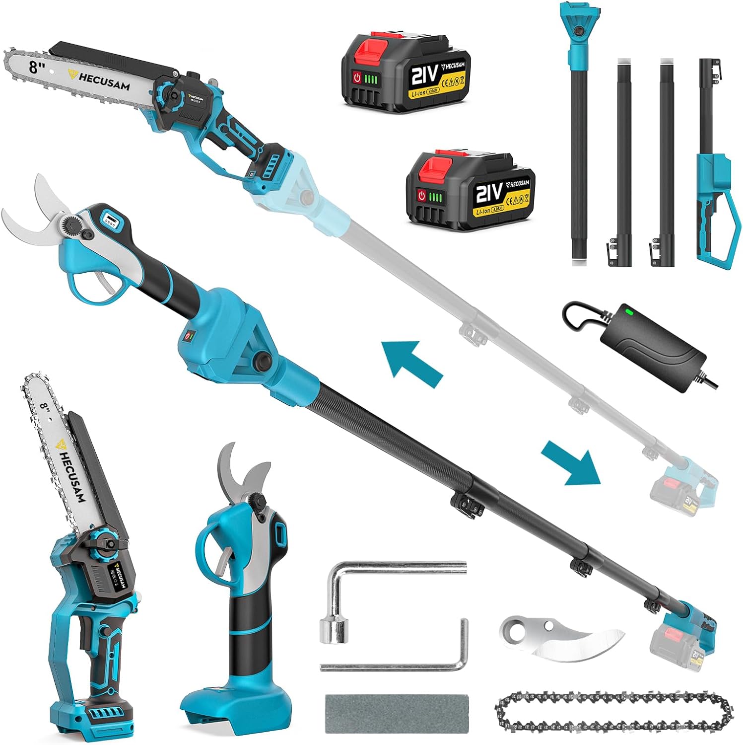 4-in-1 Cordless Pole Saw & Electric Pruning Shears – 8 Inch Mini Chainsaw, Brushless Motor, 2×4.0Ah Batteries, 14ft Extendable Pole for Tree Trimming