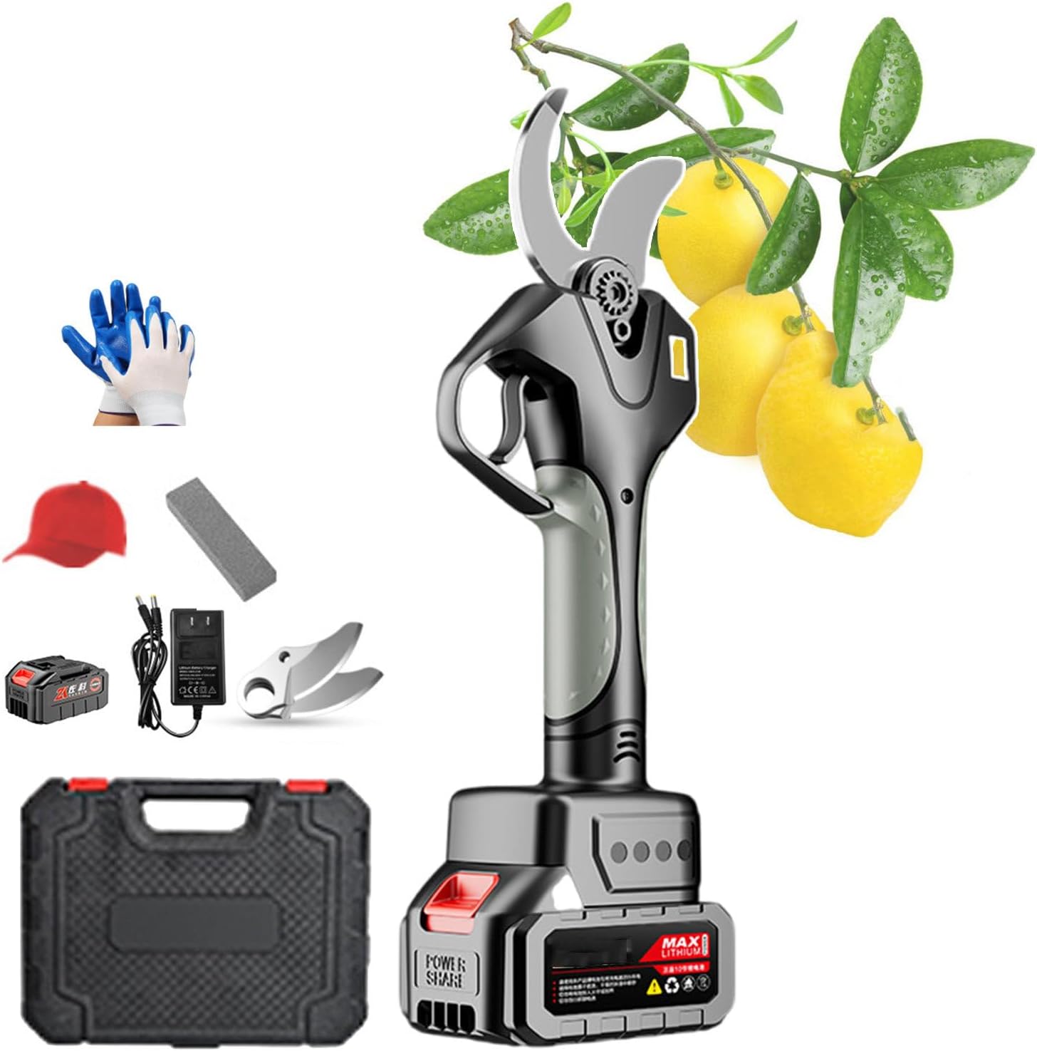 Electric Pruning Shears, Professional Garden Shears, Electric Tree Trimmer with Gloves and Tool Box, Electric Brushless Scissors for Gardening, Hough, 21v 2.0ah,1-battery