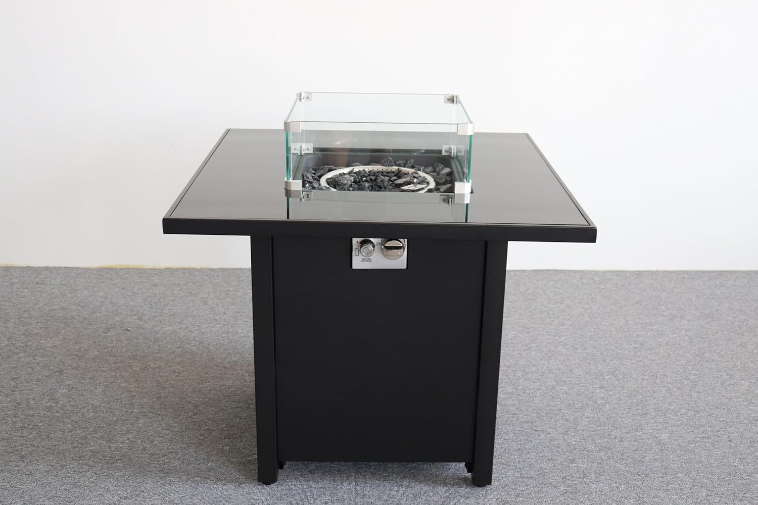 30 Inch Black Powder-Coated Metal Fire Pit with Smoked Glass Top - 40,000 BTU, Propane, Perfect for Backyard Gatherings