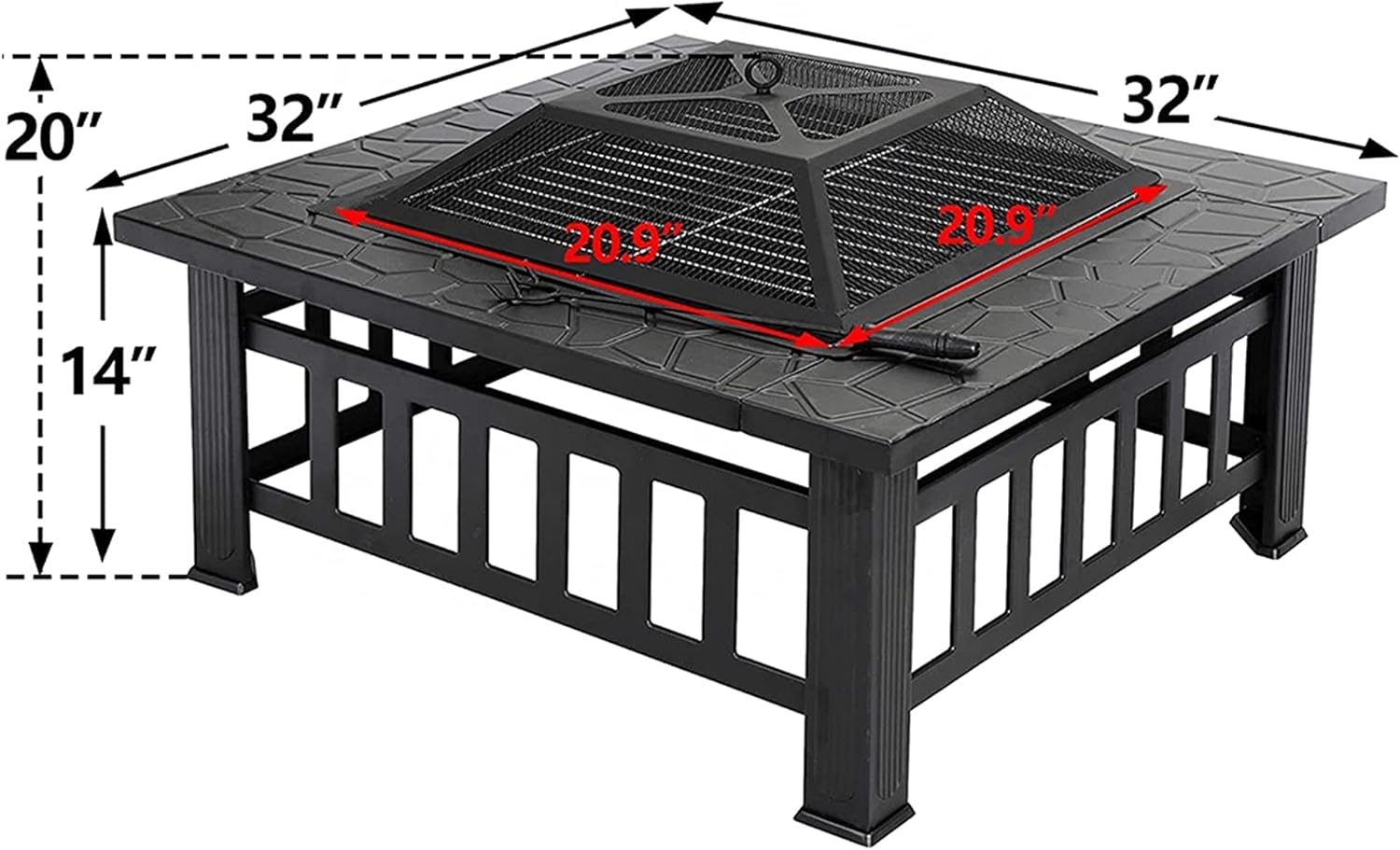 Large Outdoor Fire Pits, 32in Square Bonfire Firepit, Wood Burning Fireplace Stove w/Spark Cover Screen & Poker & Grill Grate, for Patio/Camping/Backyard/BBQ/Garden/Bonfire