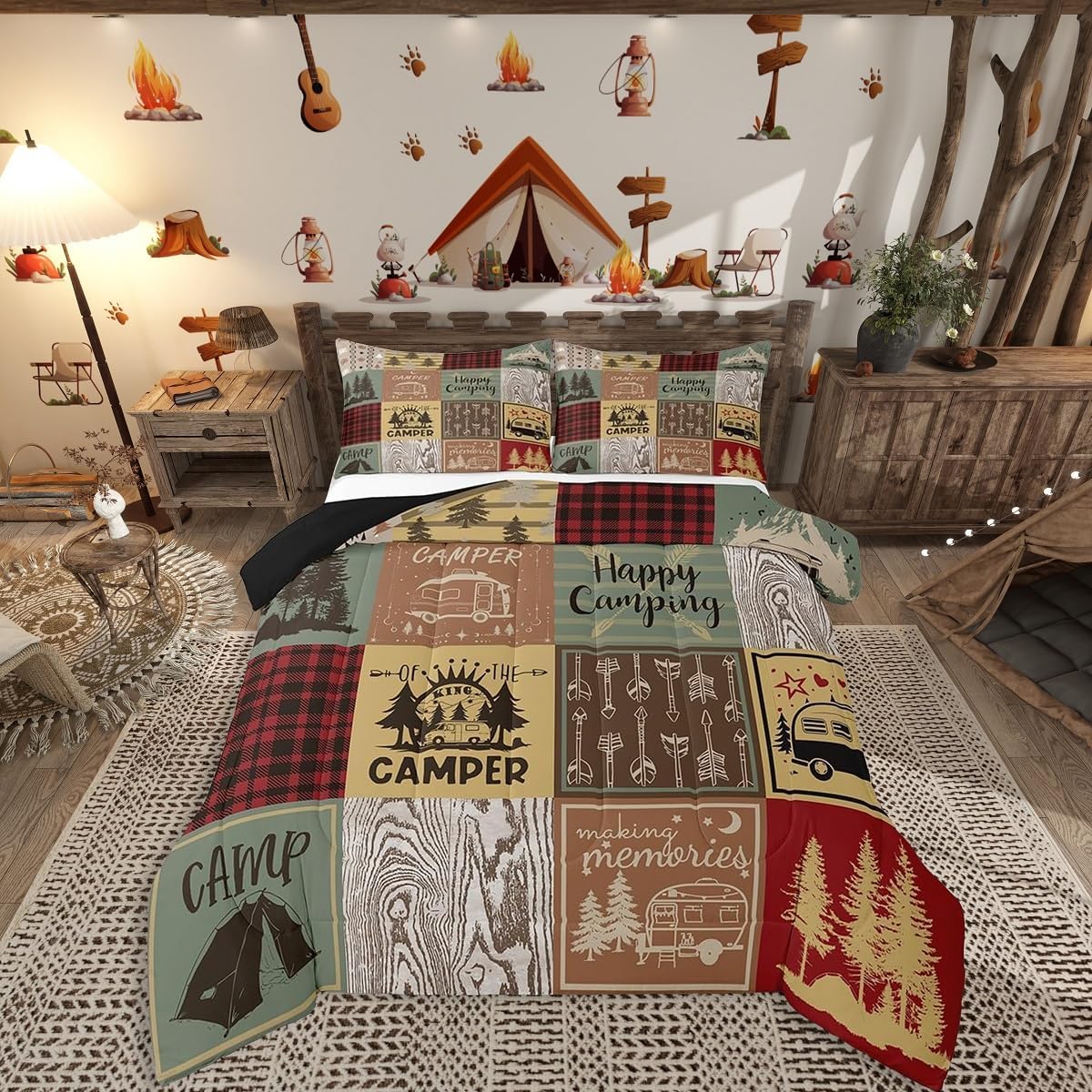 Erosebridal Retro Camper Quilt Set Happy Camping King Bedding Set for Kids Adults,Rv Camping Accessories Comforter Set for Travel Trailers Campers,Vintage Rustic Buffalo Plaid Bed Set 3 Pcs