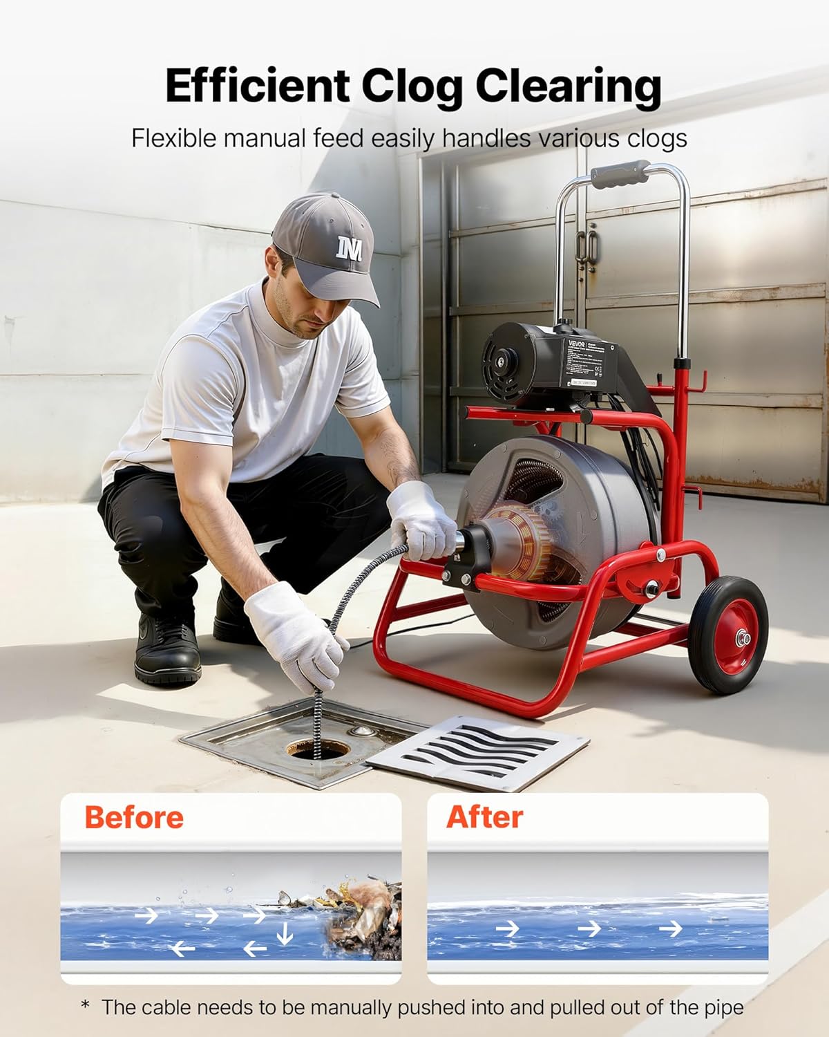 VEVOR Drain Cleaner Machine 75 FT x 3/8 Inch, Sewer Snake Auger on Wheels, Manual Feed Drain Cleaning Machine with Adjustable Drum Angle, 6 Cutters & Air-activated Foot Switch for 2