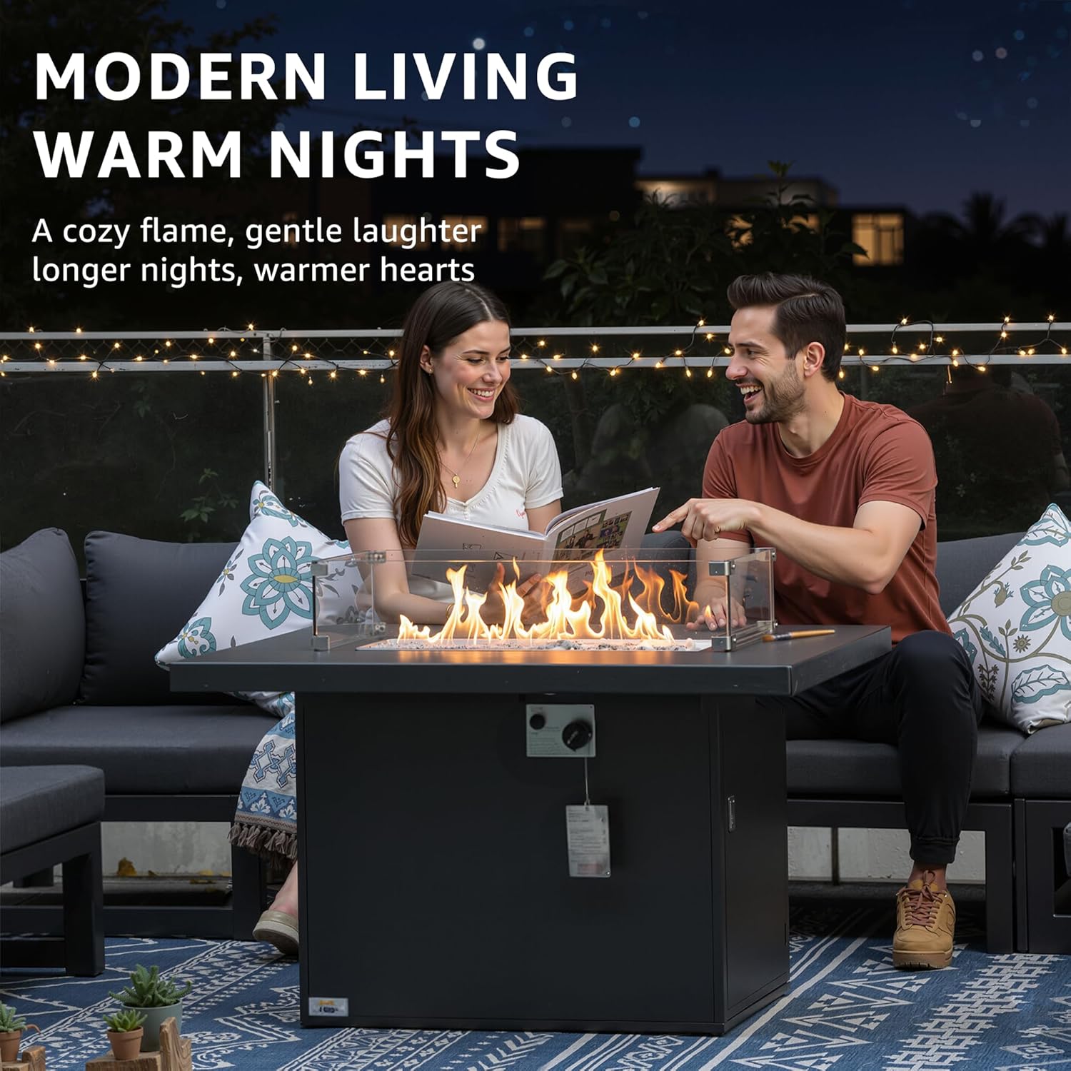 NICESOUL 43'' Aluminum Fire Pit Table, 60,000 BTU Propane/Natural Gas Outdoor Firepit with Wind Guard & Glass Rocks, All-Weather Rectangular Fireplace for Outside Patio CSA-Certified, Ember Black