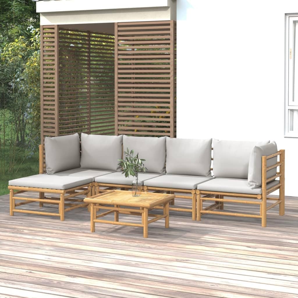 6 Piece Patio Lounge Set with Light Gray Cushions Bamboo,Elegant Bamboo Patio Lounge Set: Comfort and Style for Your Outdoor, Furniture Sets for Patio, Lawn & Garden