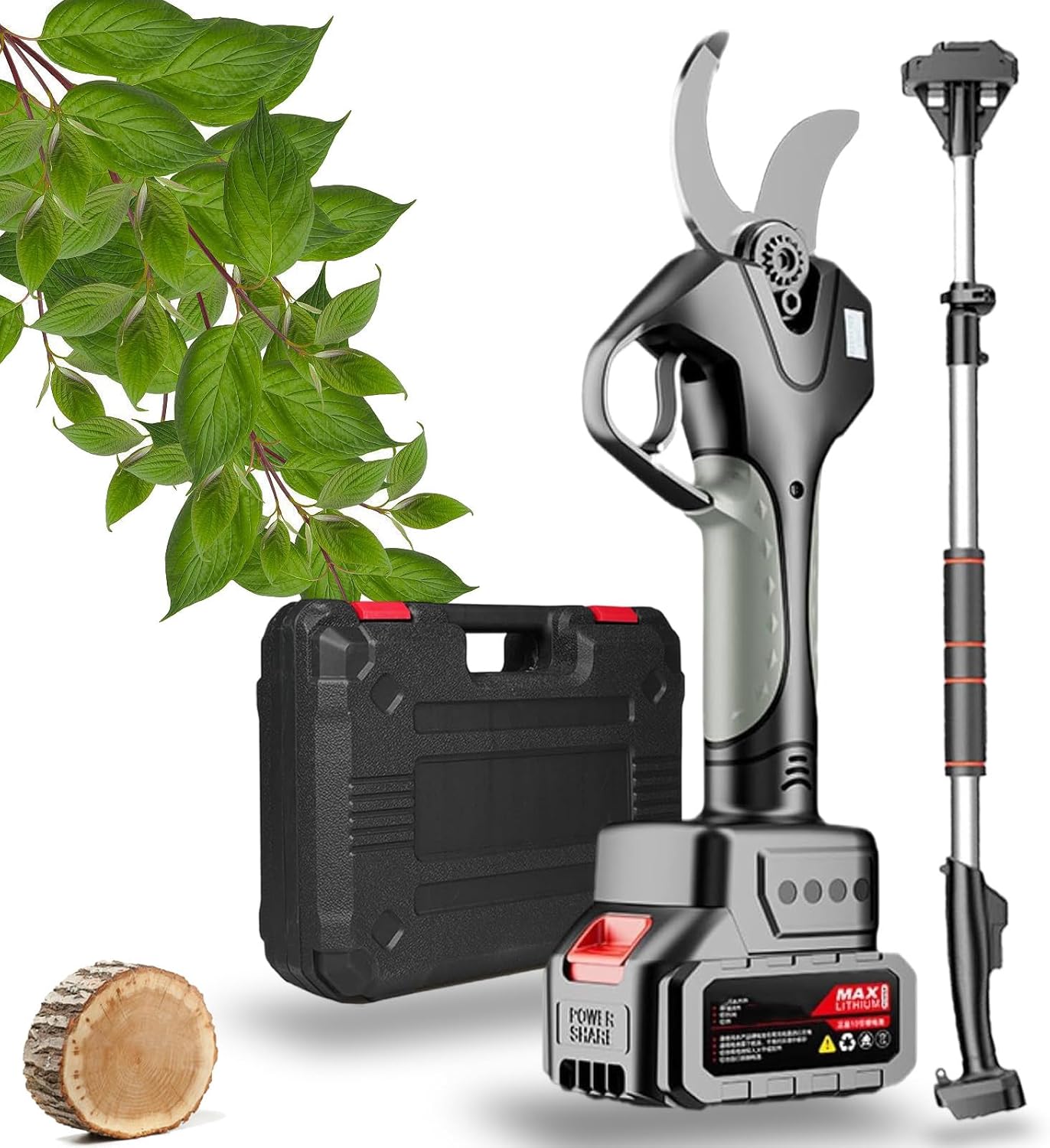 Professional Electric Pruning Shears with 50MM Blade, 2.1M Telescopic Pole, LCD Display, Rechargeable Lithium Battery, Cordless Garden Tool for Tree Pruning, 1 Battery Included