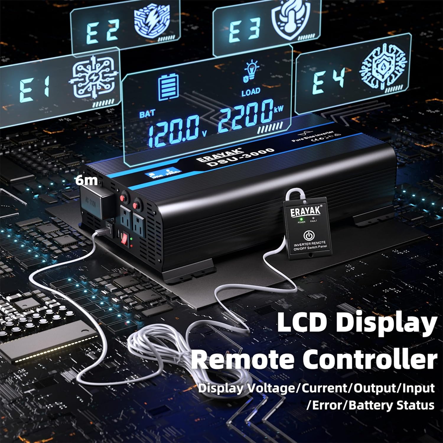 Erayak 3000W/6000W Pure Sine Wave Inverter 12V DC to 110V 120V AC Converter for Home, RV, Truck, Off-Grid Solar Power Inverter with 18W USB-C, AC Hardwire Port, 6m Remote Controller