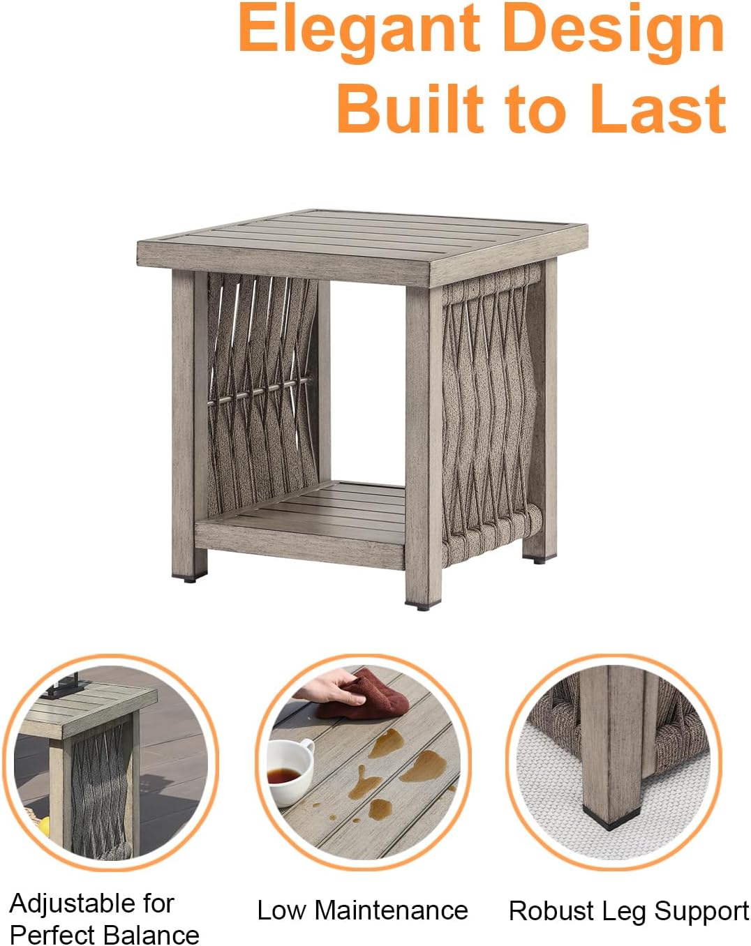 Outdoor Side Table, Aluminum Square Patio Side Table, 2-Tier Rope Weave Outdoor End Table with Adjustable Legs, Outside Furniture Patio Table for Garden, Pool, Balcony, Decks, Gray Oak