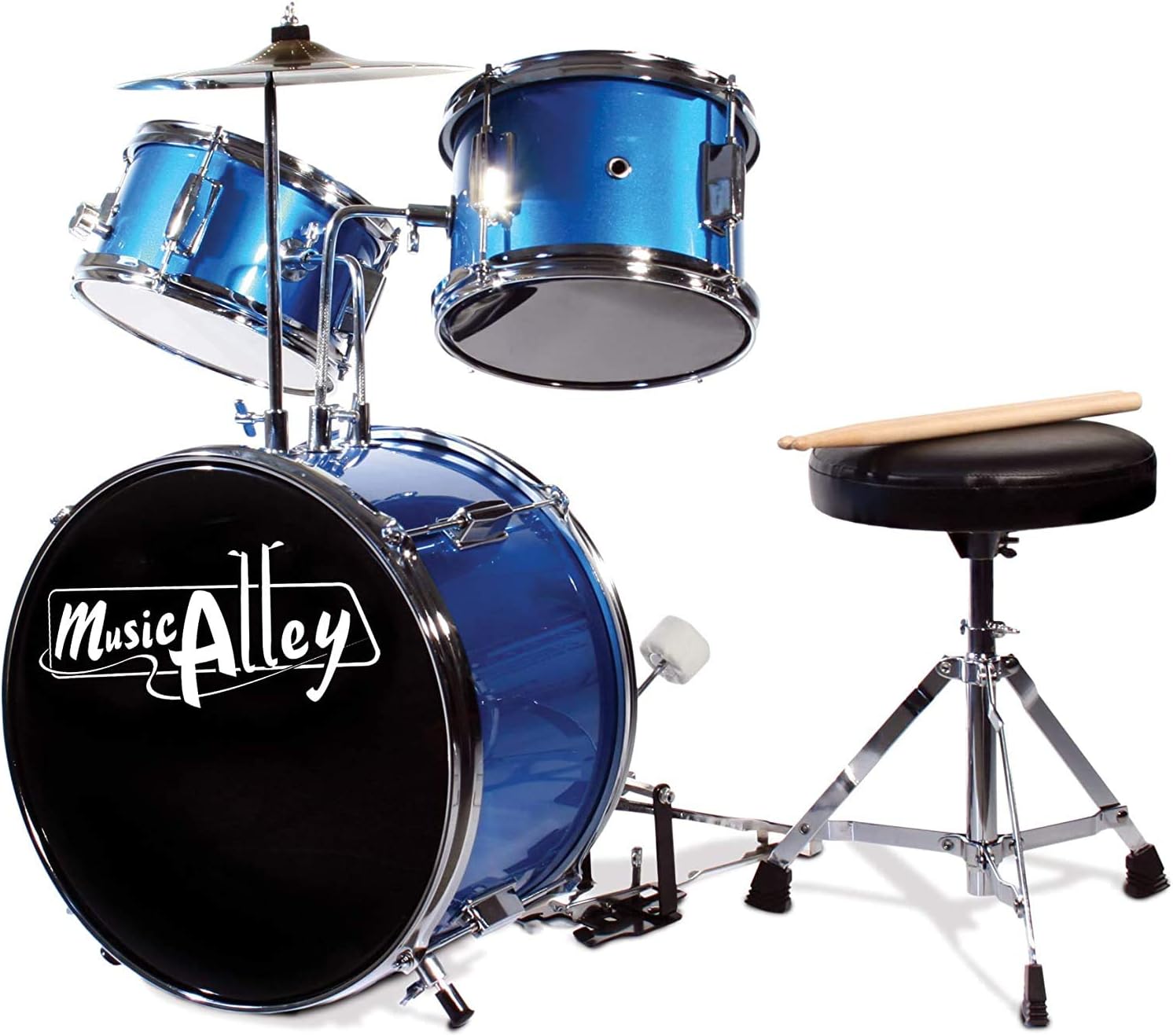 Music Alley 3 Piece Kids Drum Set with Drum Sticks & Drum Throne Seat