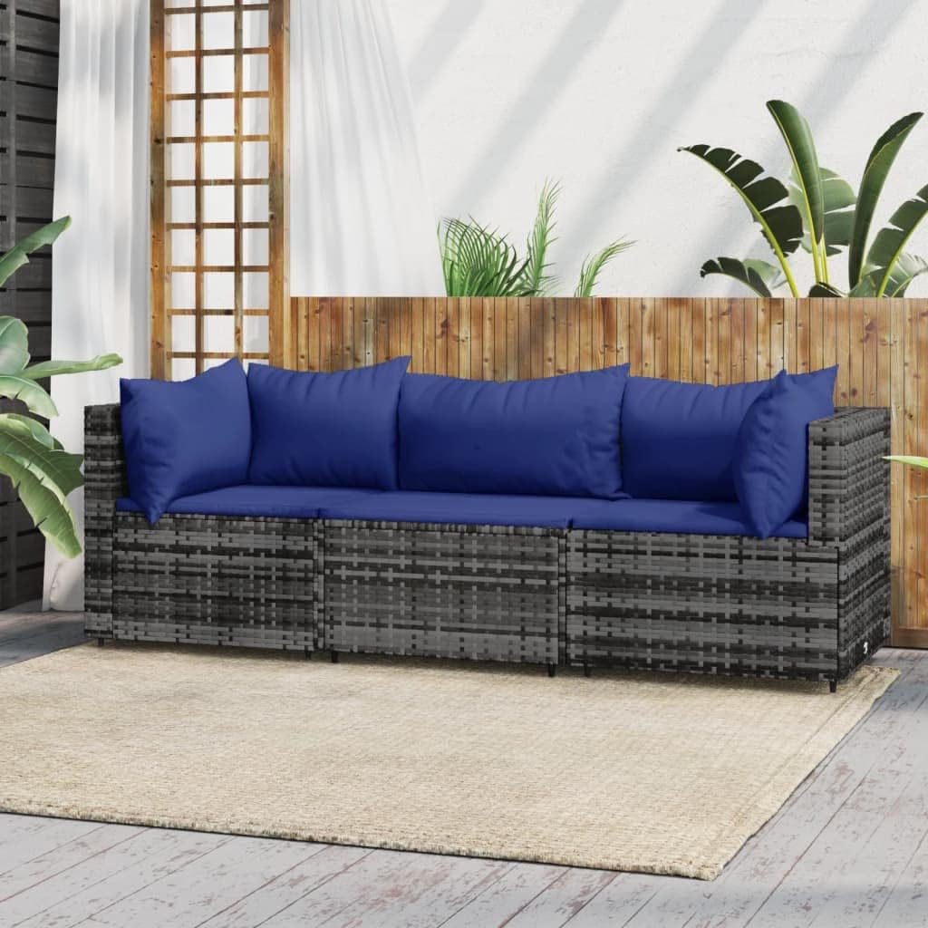 Outdoor Furniture 3 Piece Patio Lounge Set with Cushions Gray Poly Rattan