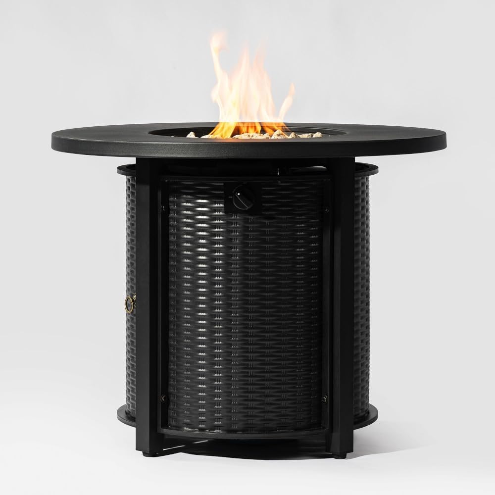 30 Inch Round Propane Fire Pit Table with Lava Rocks, Outdoor Firepit for Patio Deck Garden - Black (Black + Steel + Steel-1)