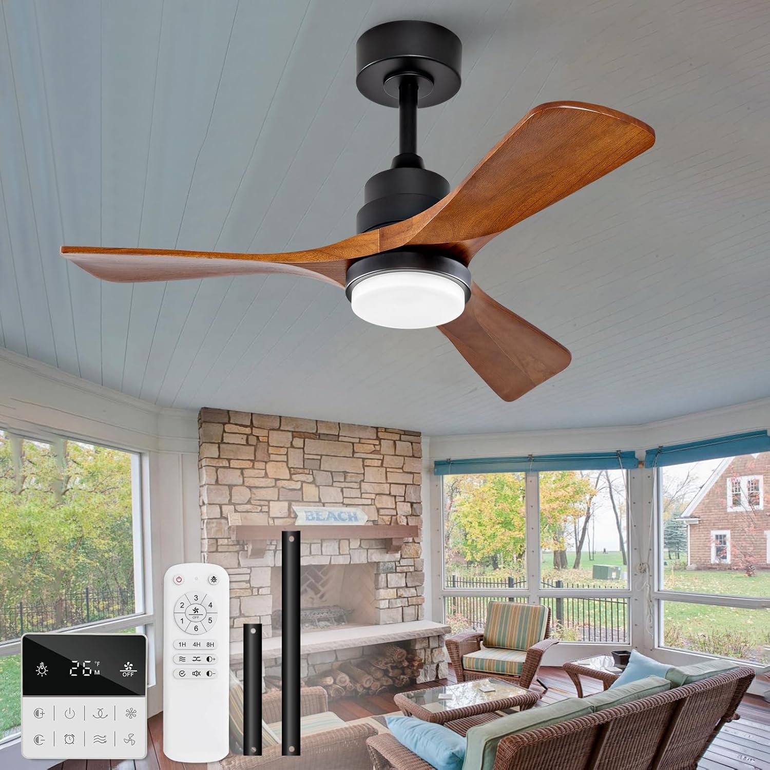 36 Inch Outdoor Ceiling Fans with Lights and Remote Control, Dimmable 3 Blades Wood Outdoor Ceiling Fans for Patios Black Walnut Wood Bedroom Ceiling Fan with Light, Wall Switch