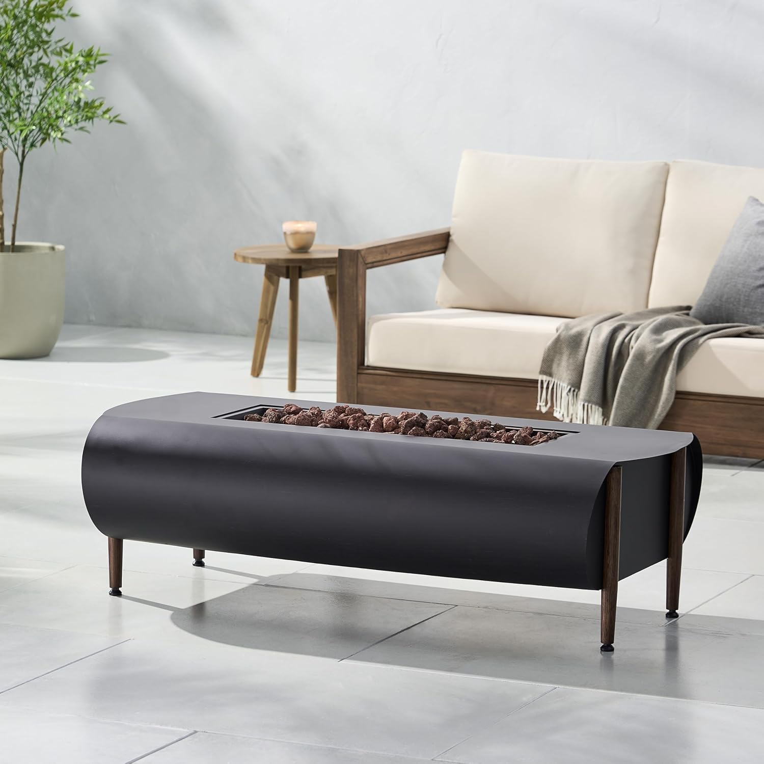 Vernon Rectangle Fire Pit 50,000 Btu, Dark Gray – Outdoor Propane Gas Fire Table with Lava Rocks, Weather Steel, Patio Backyard (1 Doors)