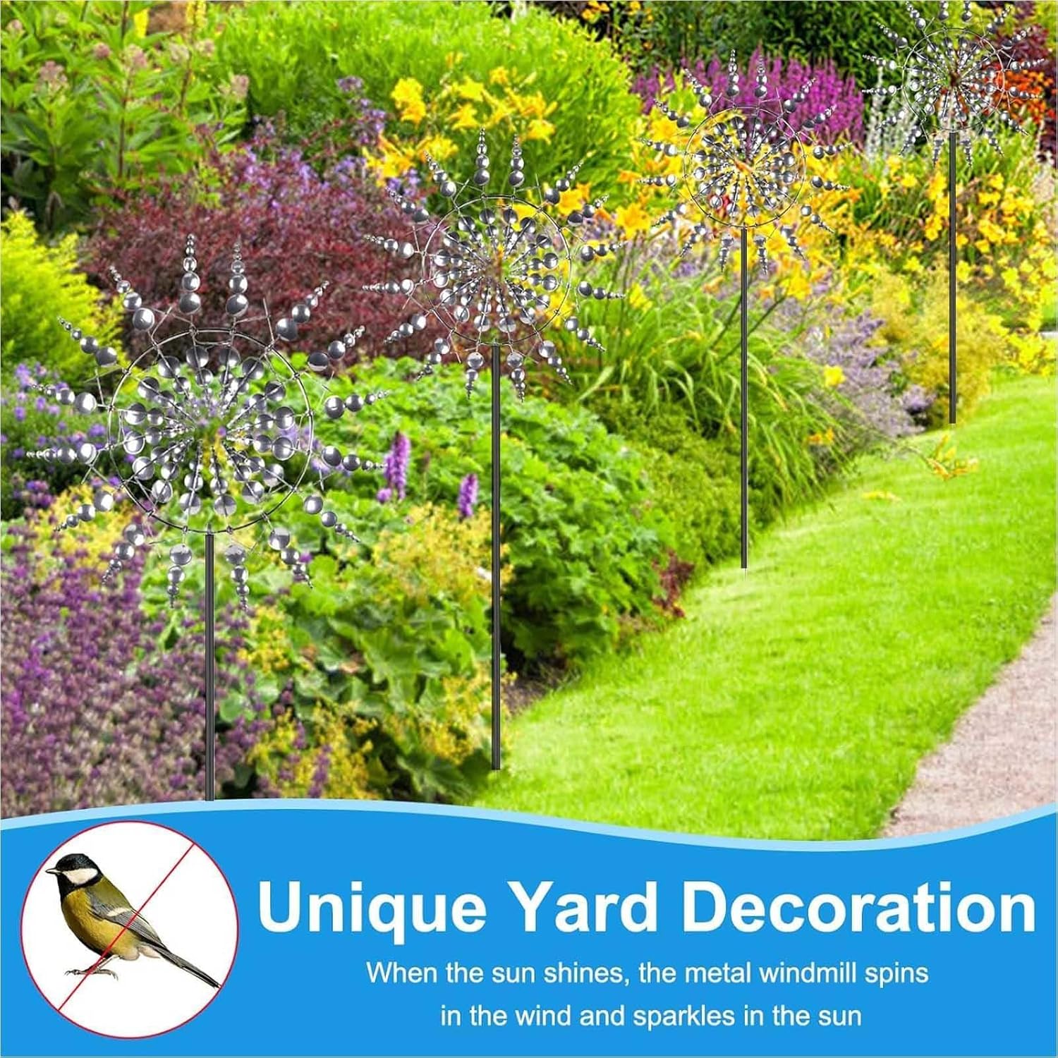 Solar Magic Windmill, Spinning Garden Wind Spinner 3D Wind Powered, 13.4 x 71in Garden Spinner,Gold