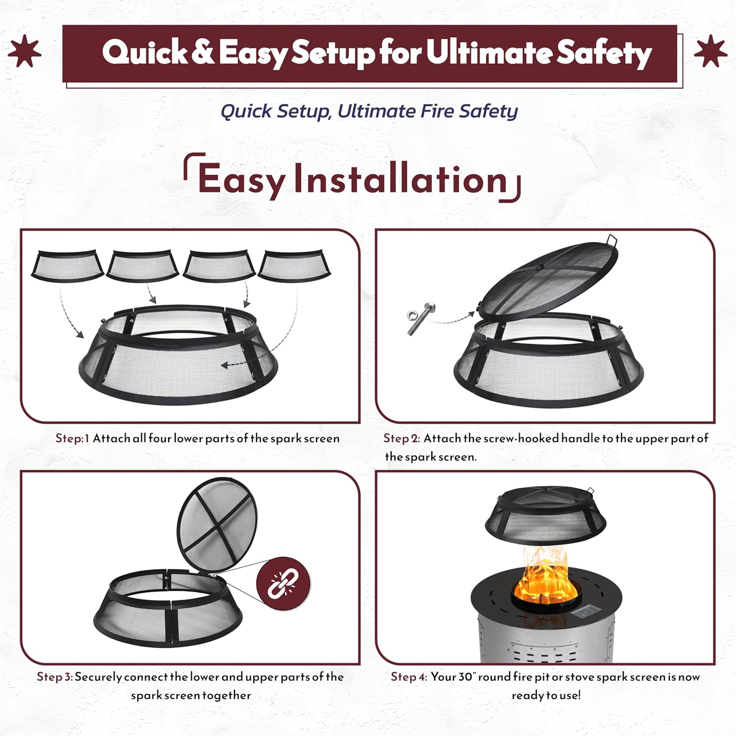 Febtech- Fire Pit Screen 30 inch Round - Heavy Duty Ember Arrester Fire Pit Spark Screen Steel Mesh Cover - FirePit Spark Screen Round with Hook for Outdoor Ring Cover & FirePit Insert