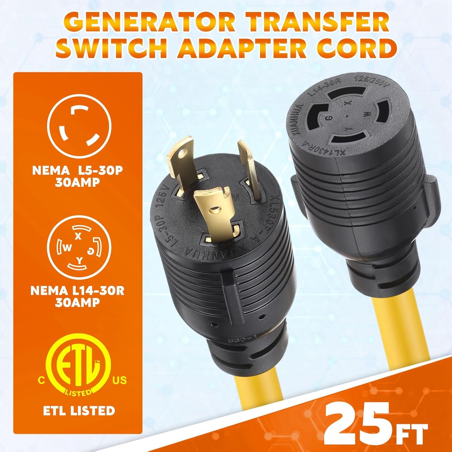 Kanayu 25ft Generator Transfer Switch Adapter Cord Compatible with NEMA L5-30p to L14-30r, 30 Amp Locking 3 Prong to 4 Prong Adapter Rv Generator to House Inlet Box, STW 10 Awg, Etl Listed