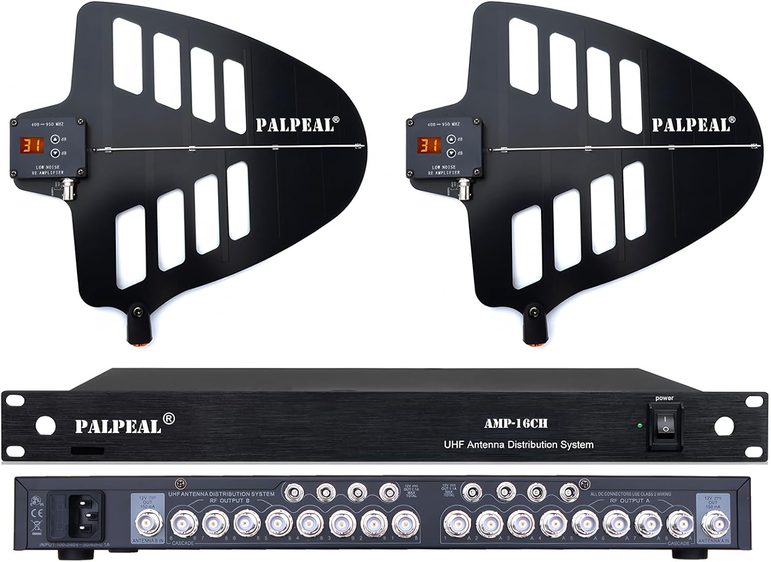 AMP-16CH 16 Channels Wireless Antenna Distribution System,14 Outputs + 2 Cascade Ports,UHF Active Directional Antenna,2200 FT,Wireless Microphone Signal Amplifier