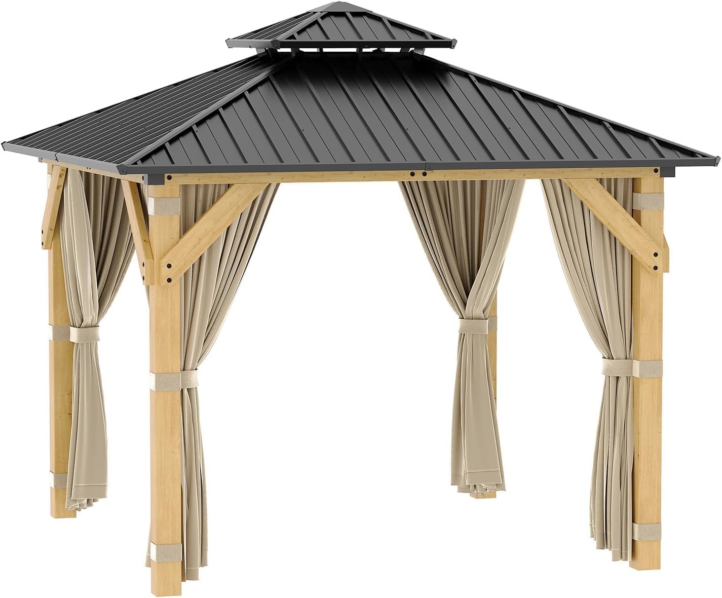 10 * 12FT Hardtop Gazebo Outdoor Wood Gazebo Canopy Shelter with 4-Post Wooden, Netting & Curtains Double-Top Design for Patio Backyard Garden Wedding Party