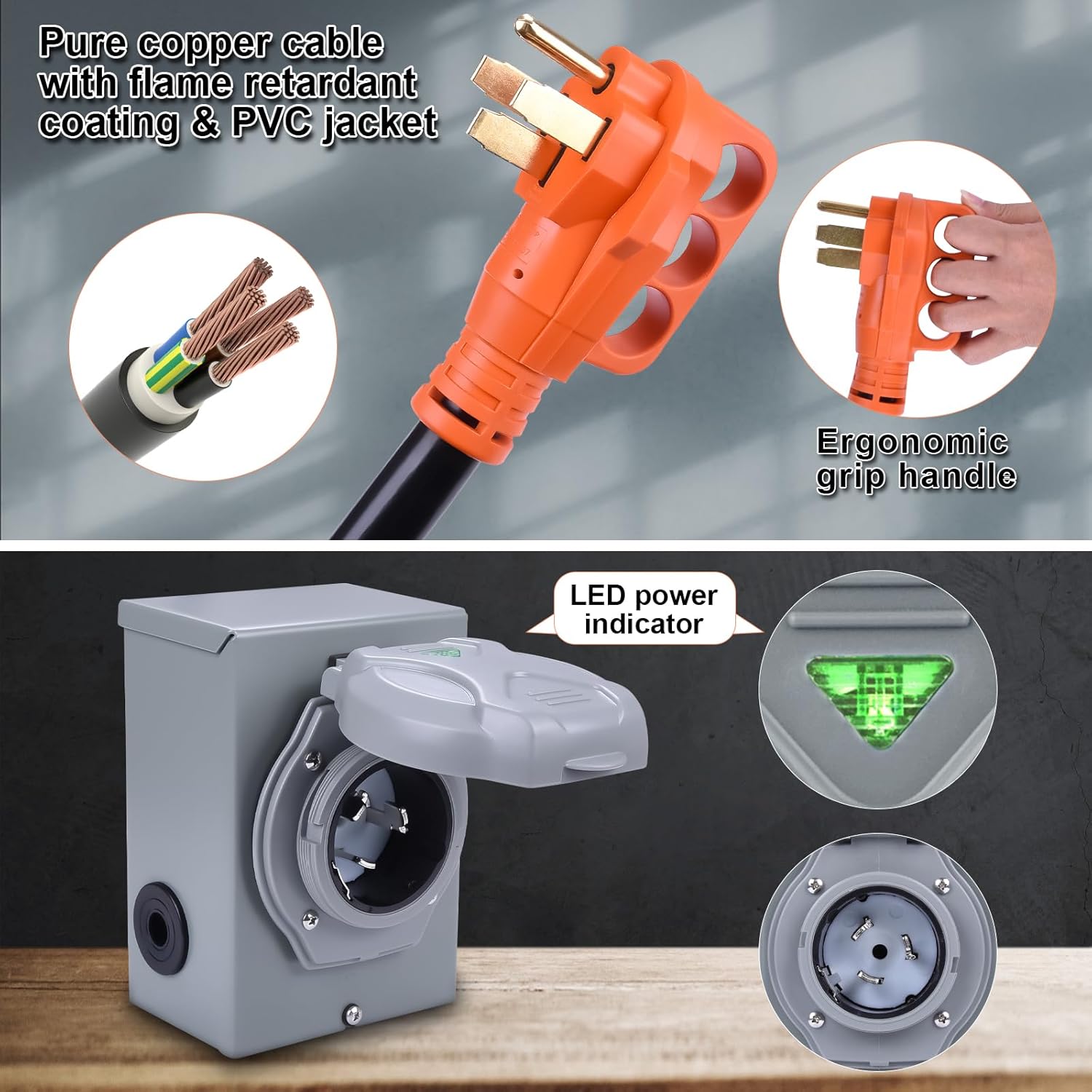 50A Generator Cord and Power Inlet Box,25FT Generator Extension Cord NEMA 14-50P/SS2-50R STW 6/3+8/1 AWG with Twist Lock Connector,Pre-Drilled Inlet Box for Generator to House,125/250V ETL Listed