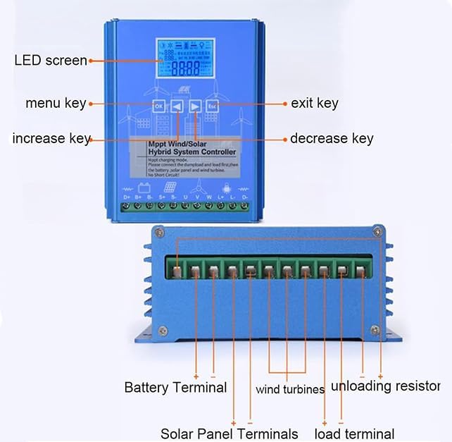 6000W Wind Turbine Solar Panel Hybrid Charge Controller with Dump Load Wind Solar Hybrid System MPPT Charge Controller 12V 24V Auto 48V Regulator (Blue)