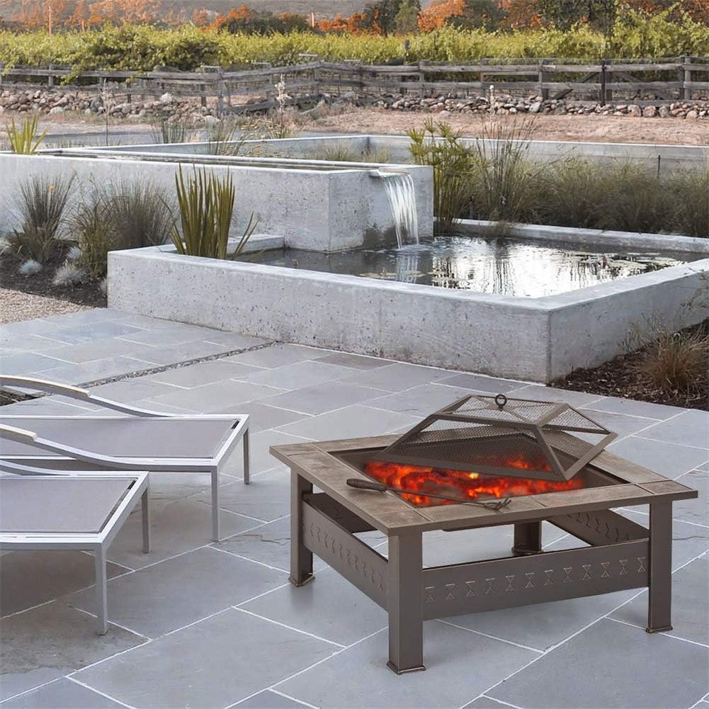 Outdoor Fire Pit Table, Multifunctional Garden Terrace Fire Bowl with Stainless Steel Grill and Log Poker, for Outdoor and Patio,Outdoor Fire Pits